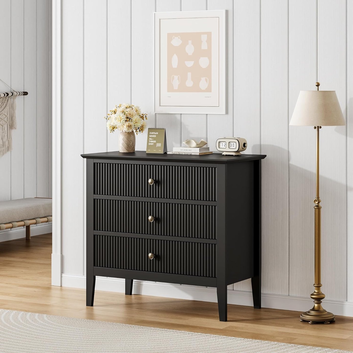 Fluted 3 Drawer Dresser, 31.5 in Wide Dresser Nightstand for Bedroom, Modern Wood Chest of Drawers, Large Painted Nightstand with 3 Drawers for Closet, Hallway, Entryway