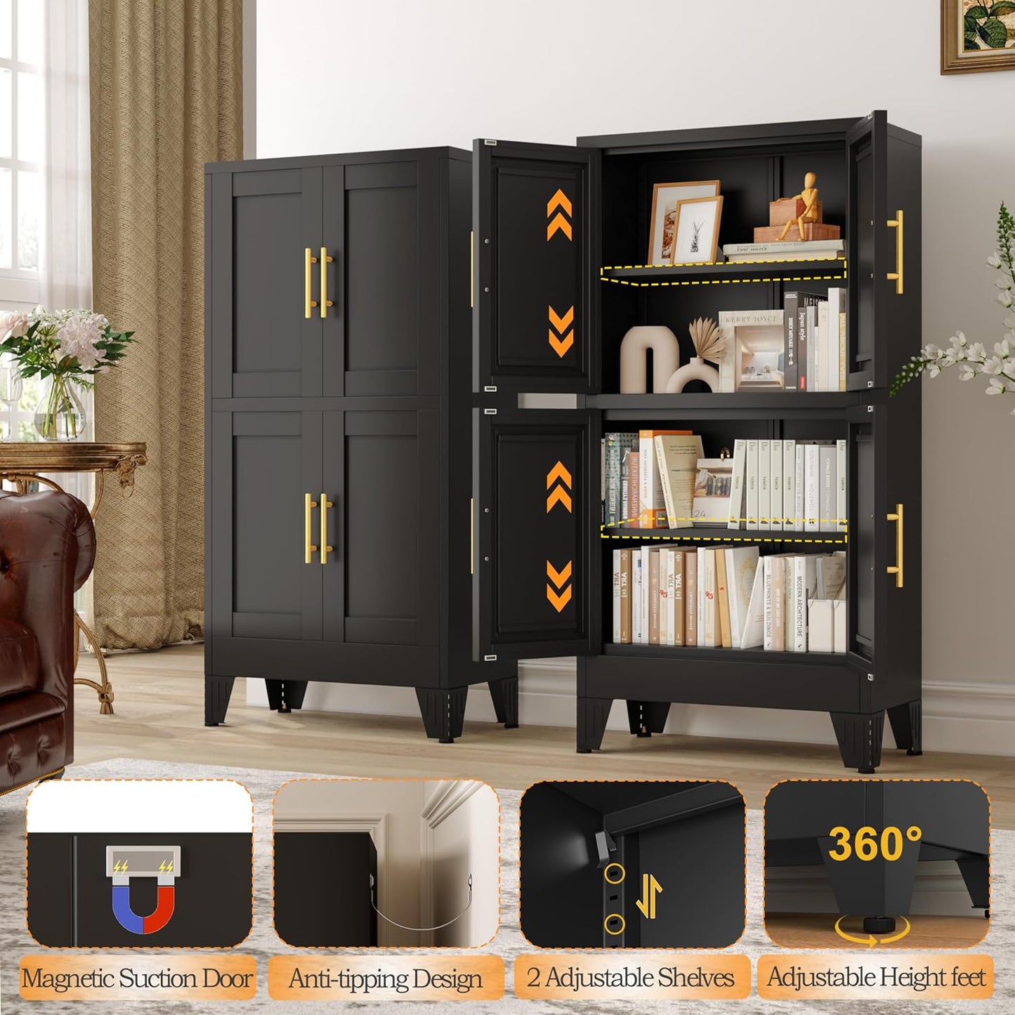 47.25" Metal Storage Cabinet, Black Kitchen Food Storage with 4 Door and 2 Adjustable Shelves, Freestanding Bathroom Cabinet, Pantry for Kitchen Dinning Room, Cupboard - Lumora Casa