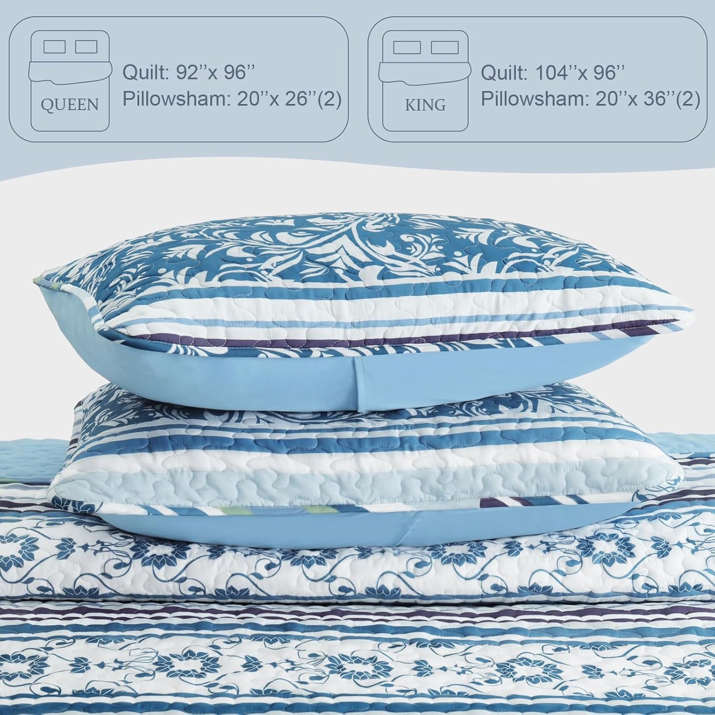 Exclusivo Mezcla Reversible Boho Quilt Set King Size, 3 Pieces Bohemian Striped Blue All Season Bedspreads, Ultra Soft Floral Coverlet Bedding Set with Printed Pattern (1 Quilt, 2 Pillow Shams)