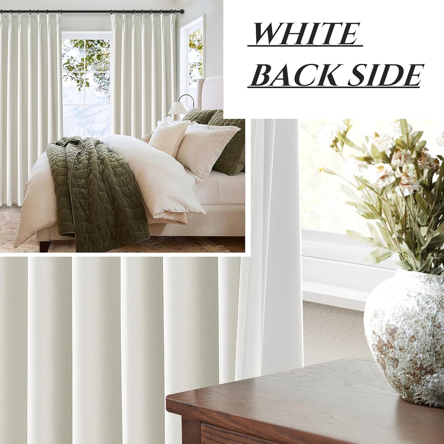 White Ivory Linen Curtains 90 Inches Long Pinch Pleated 100% Blackout Window Curtains for Bedroom, Thermal Pleated Drapes for Living Room Farmhouse Nursery Hooks&Rings Included(40" Wx90 Lx2 Panels)