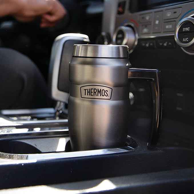 THERMOS Stainless King Vacuum-Insulated Travel Mug with Handle-16oz,Matte Steel-Thermos Tumbler for Hot&Cold Drinks-Leak-Proof&Sweat-Proof Stainless Steel Coffee Mug with Lid for Commuting,(Pack of 4)