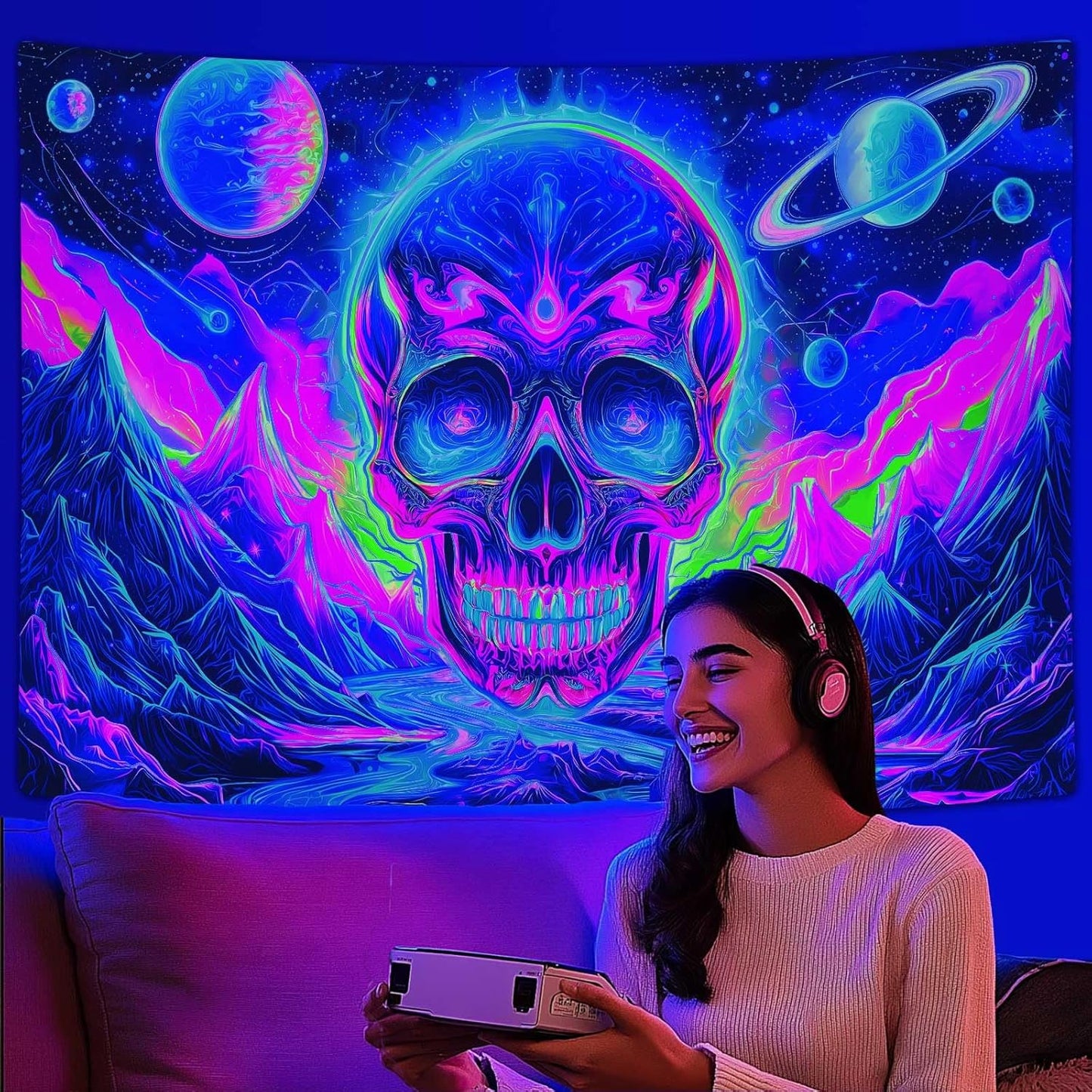 Blacklight Skull Tapestry, UV Reactive Gothic Skeleton Mountain Galaxy Planet Wall Hanging Tapestries, Glow in the Dark Horror Face Halloween Aesthetic Poster for Bedroom Living Room Decor 80X60IN