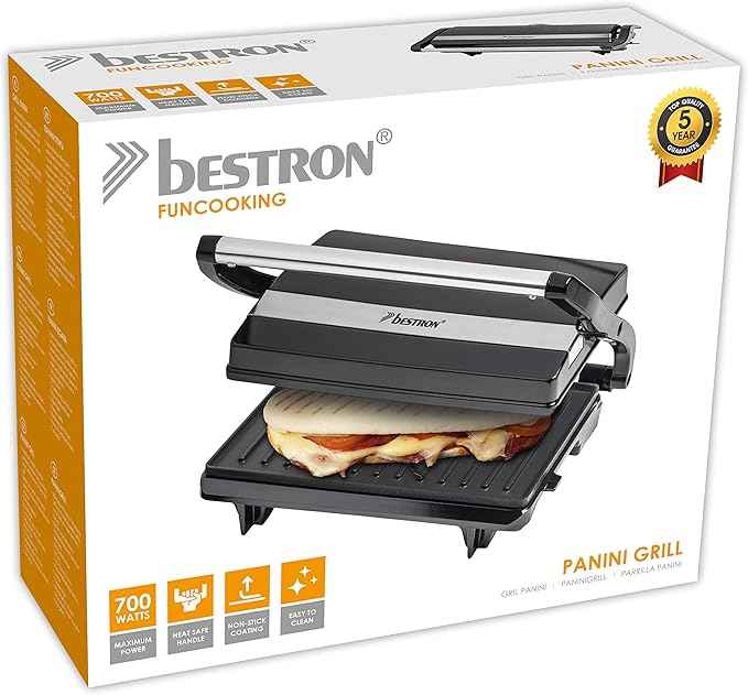 Bestron Sandwich maker, panini contact grill with non-stick coating, 750W, black