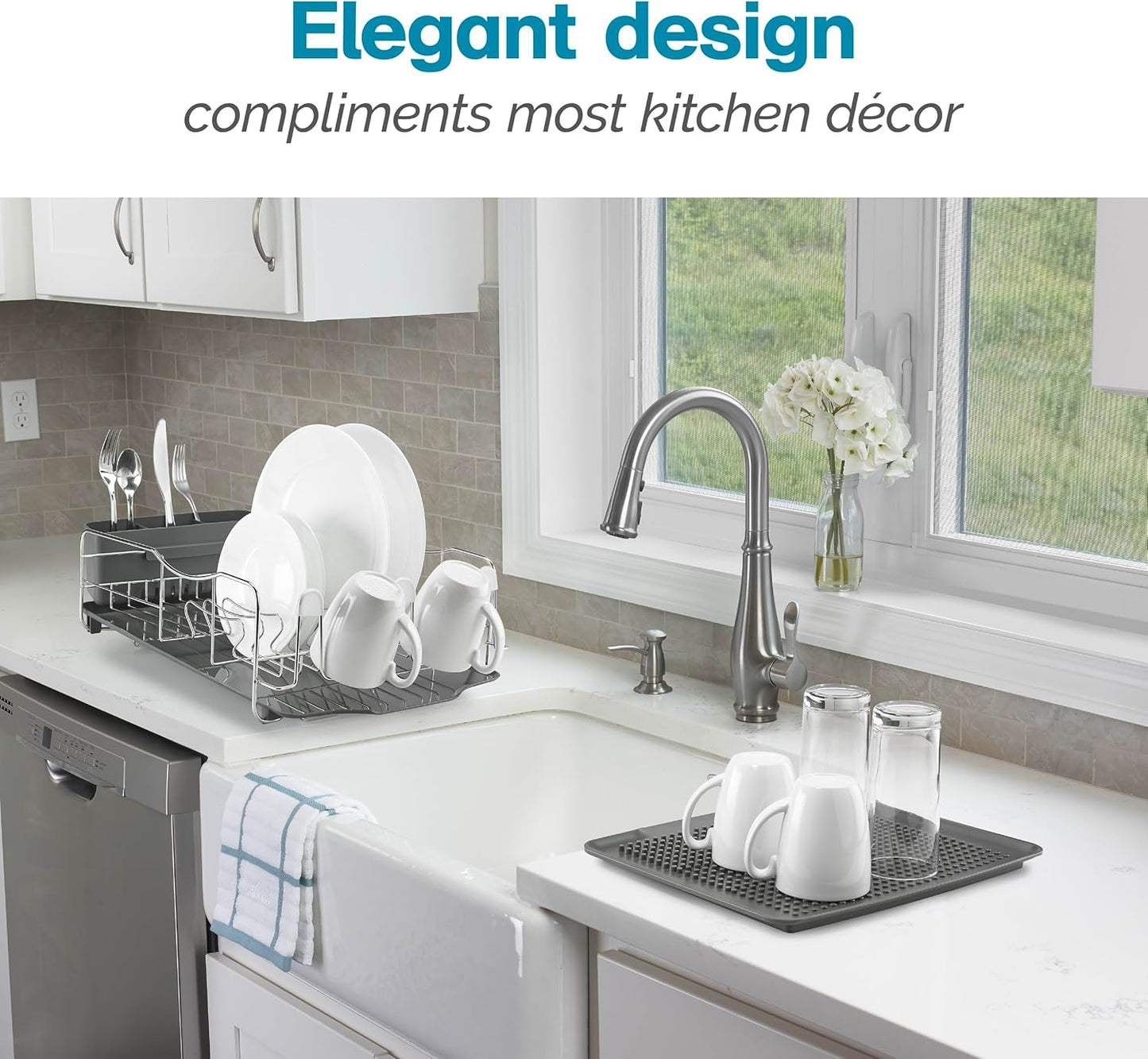 Polder KTH-615 Dish Rack, 4 PC Combo– Advantage System Includes Rack, Drain Tray, Removable Drying Tray & Cutlery Holder – Stainless Steel & Plastic