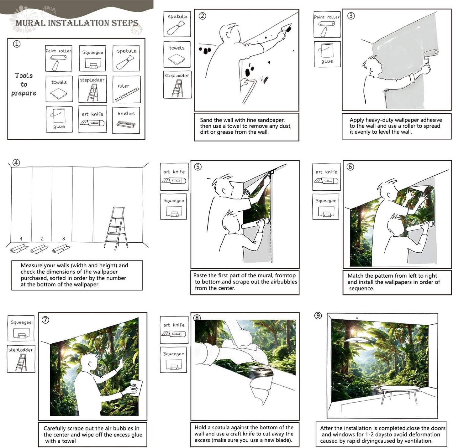 AFZEVEB-Green Tree Wall Mural Tropical Jungle Wallpaper for Bedroom 136"x96"(Not Peel and Stick)