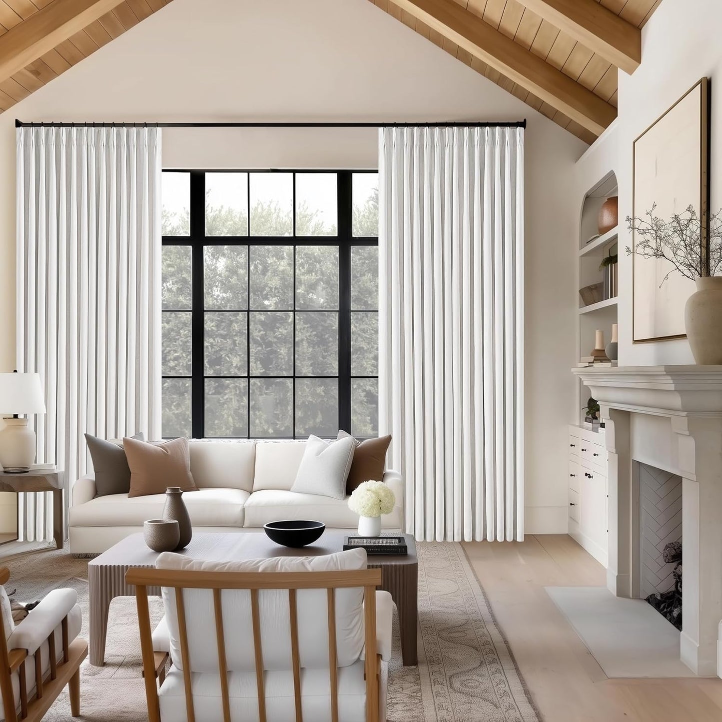 Beige White Pinch Pleated Full Blackout Curtains 2 Panels Set Linen Room Darkening 100% Black Out Window Curtains 96 Inch for Living Room Bedroom Thermal Insulated Pinch Pleat Drapes with Hooks Rings