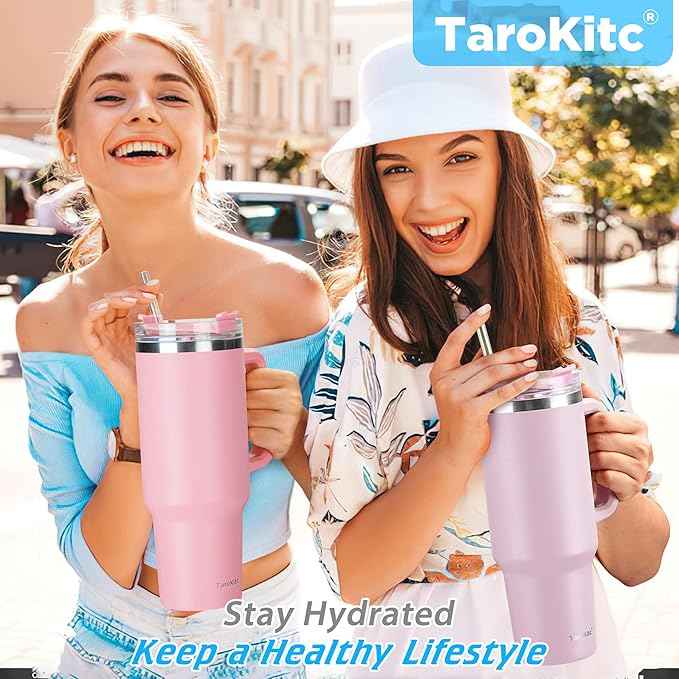 TaroKitc 40 oz Tumbler with Handle | Stainless Steel Insulated Travel Mug with Lids and Straw | Iced Coffee Cup | Keeps Drinks Cold for 34 Hours | Dishwasher Safe, BPA Free | Orange