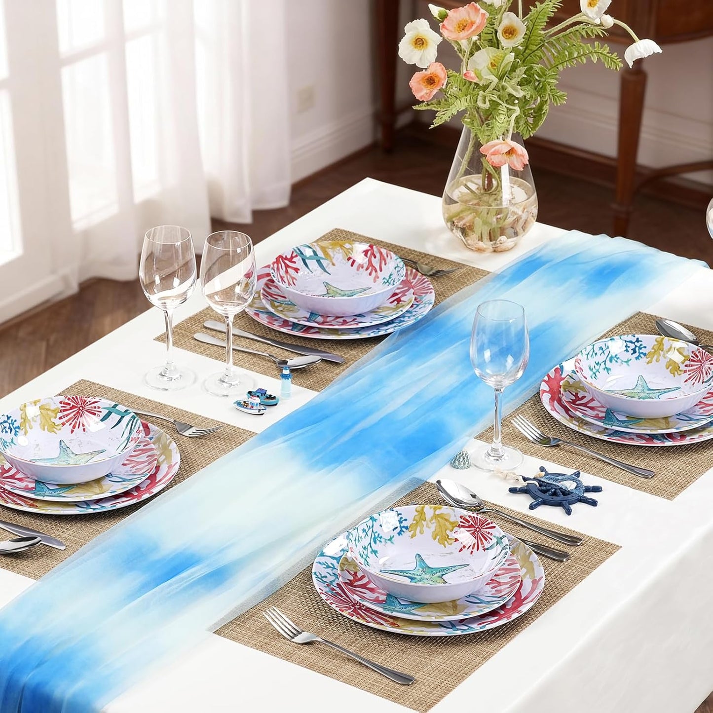 Melamine Dinnerware Set for 4 – 12-Piece Starfish Coral Design Plates and Bowls, Ocean Dishes set, Unbreakable Dinner Set for Indoor Outdoor Use, Dishwasher Safe, Coastal Beach Theme Tableware