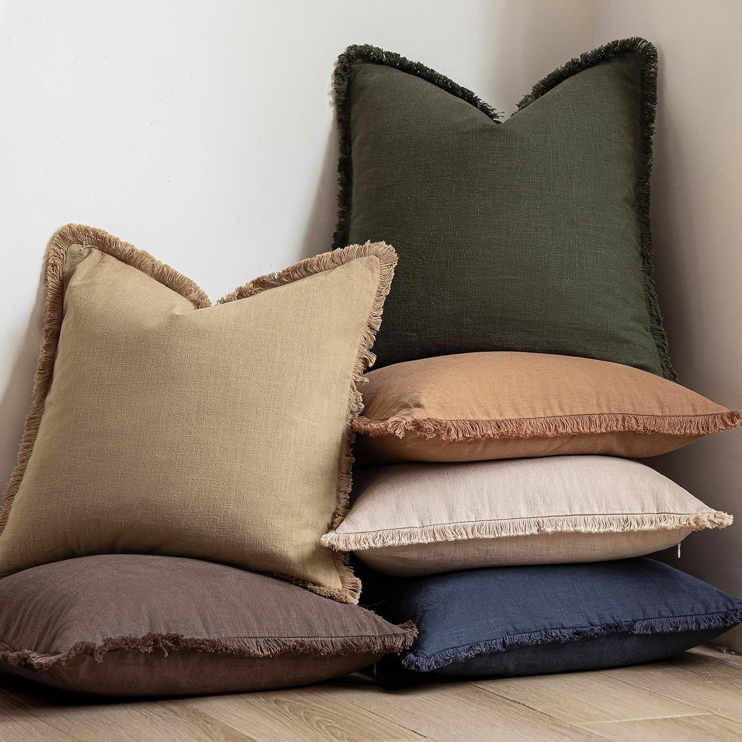 Foindtower Set of 2 Decorative Linen Fringe Throw Pillow Covers Farmhouse Cushion Cover with Tassels Soft Accent Pillowcase for Couch Chair Sofa Bed Living Room Home Decor,22×22 Inch,Light Khaki Taupe