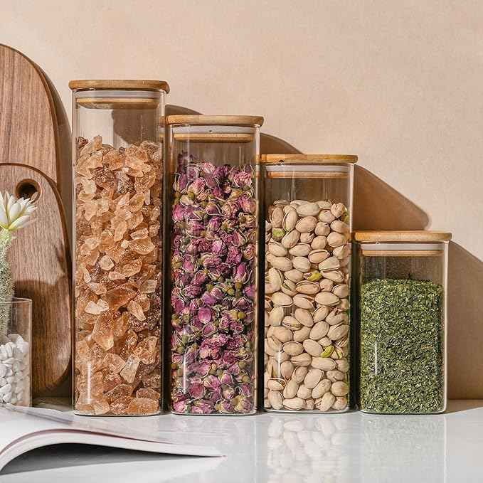 D2scrma 71oz Rectangle Airtight Glass Storage Containers with Bamboo Lids (Set of 3), Square Food Storage Jar, Pantry Organizers for Sugar, Flour, Spaghetti and Coffee beans (with Black Lable)
