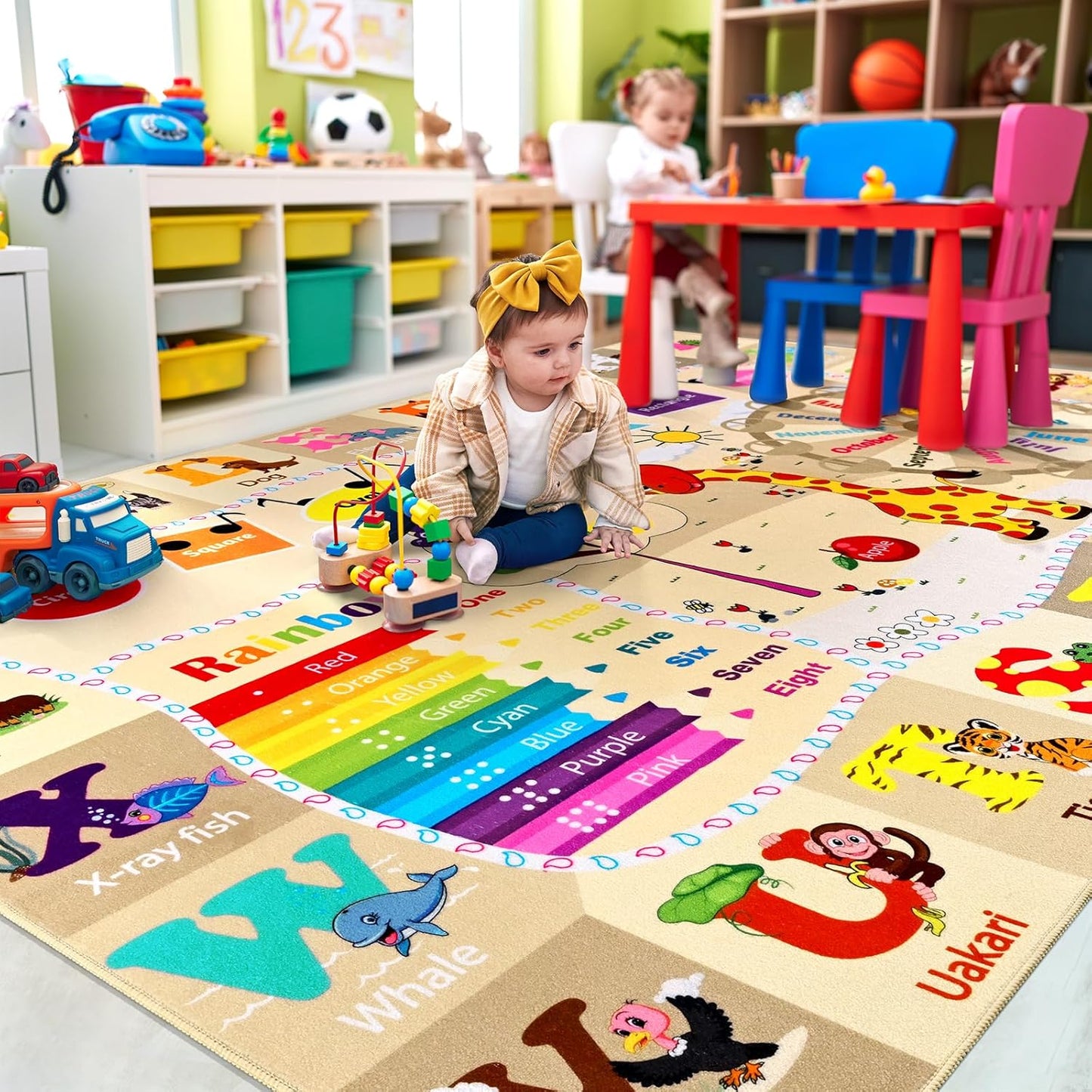 7x10 Playroom Rugs for Kids Washable, Educational and Fun Playmat with ABC Alphabet Animals Shapes Colors, Non-Slip Play Mat Learning Rug for Baby Toddler Children Game Activity,Beige, Pink