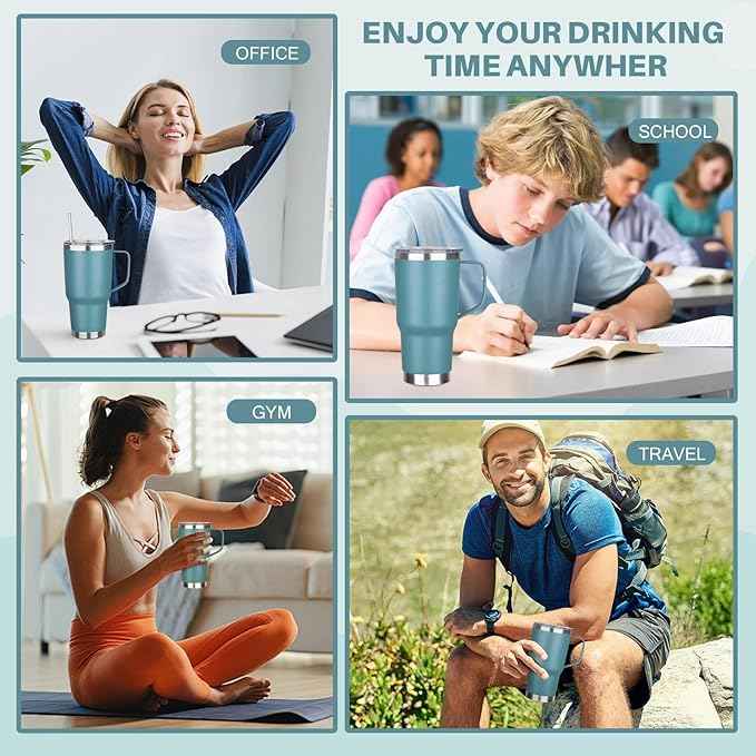 30 oz Tumbler with Handle, Stainless Steel Insulated Tumbler with Lid and Straw, Double Wall Vacuum Coffee Mug Tumbler, Insulated Coffee Thermal Cup for Cold and Hot (Maya Blue)