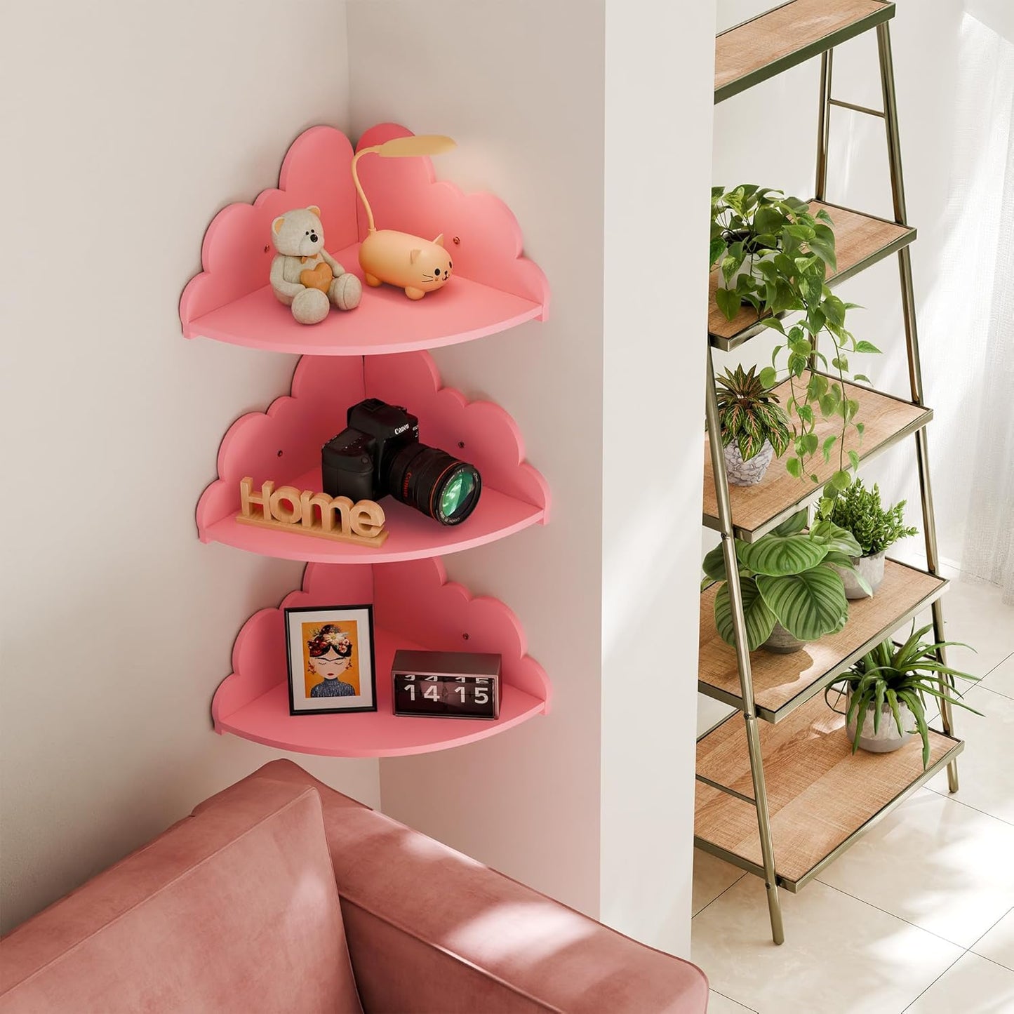 Cloud Floating Corner Shelves - Set of 3 Corner Wall Shelves for Kid’s Room, Corner Shelf Nursery Wall Deor, Small Cute Cloud Dispaly Shelf Wall Mounted for Toys, Plants & Storage,Pink.
