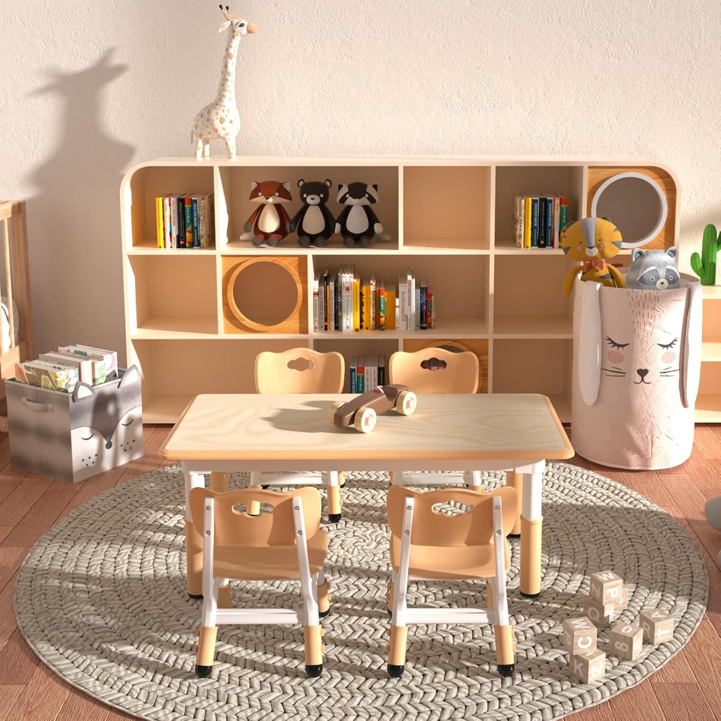 LulliSpace Kids Table and 4 Chairs Set,Height Adjustable Children Table & Chair,Toddlers Study Multi-Activity Table with 47.2"x23.6" Wipe-Clean Desktop,for Classrooms, Homes & Daycares