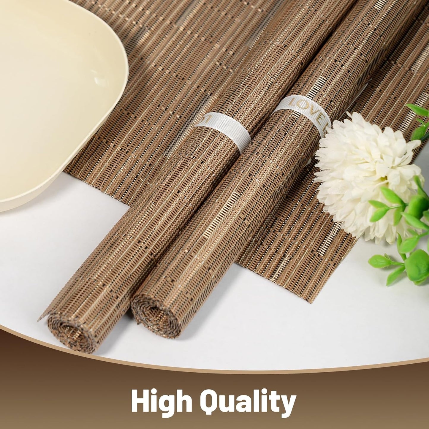 Placemats Set of 12,Non-Slip PVC Weave Table Mats Easy to Clean,Heat Resistant Place Mats for Kitchen Dining Table Decoration Indoor Outdoor,Light Brown