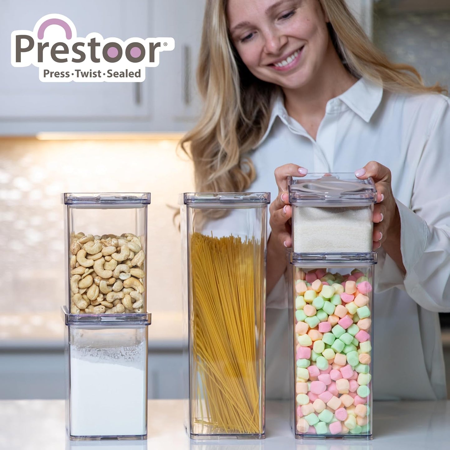 5-Piece SAN Airtight Pantry Storage Container Set, Leakproof Twist-Lock Lids, BPA-Free Stackable Canisters for Sugar, Flour, Pasta, Cereal & Snacks (0.8qt, 1.9qt ×2, 3qt, 4qt)