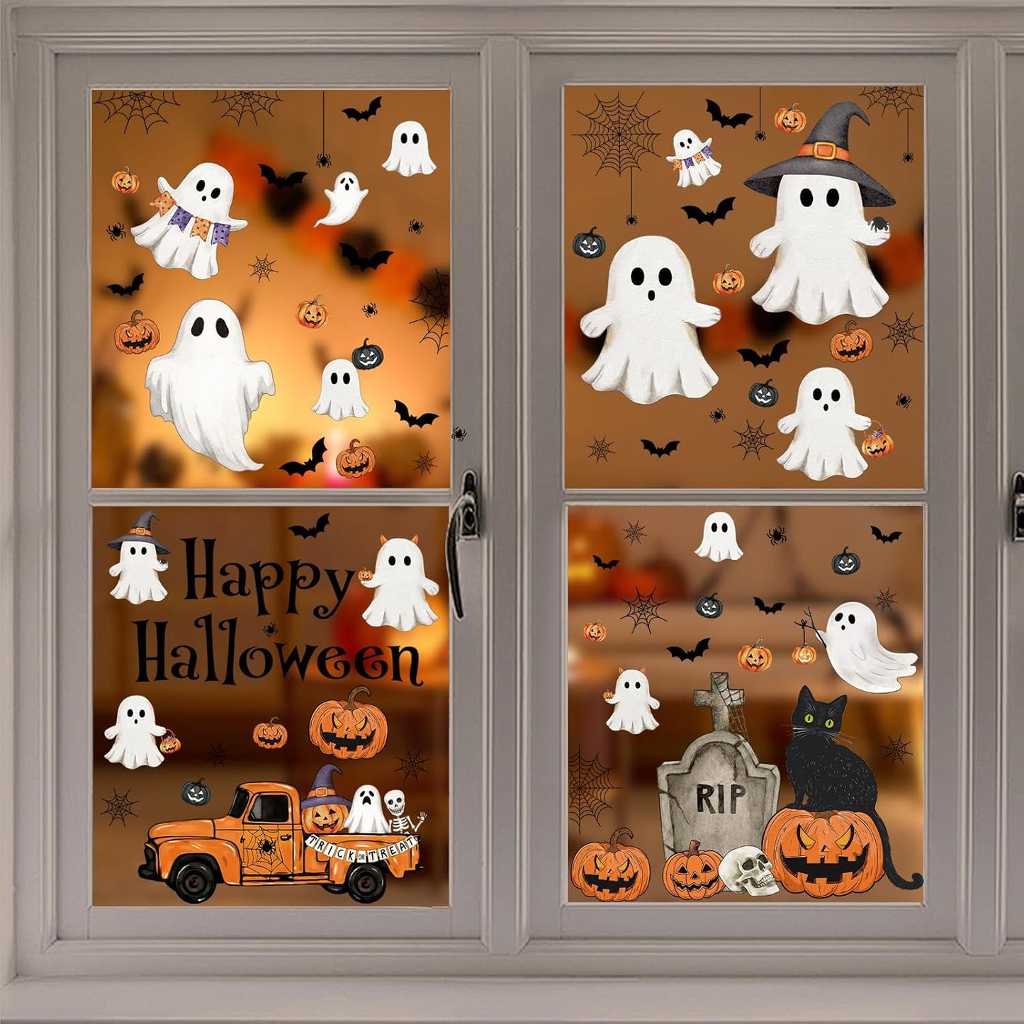 Vintage Halloween Window Clings 6 Sheets, Large Retro Spooky Ghost J-O-Lantern Pumpkin Reusable Window Decals Stickers for Home Halloween Party Decorations Supplies (Ghost)