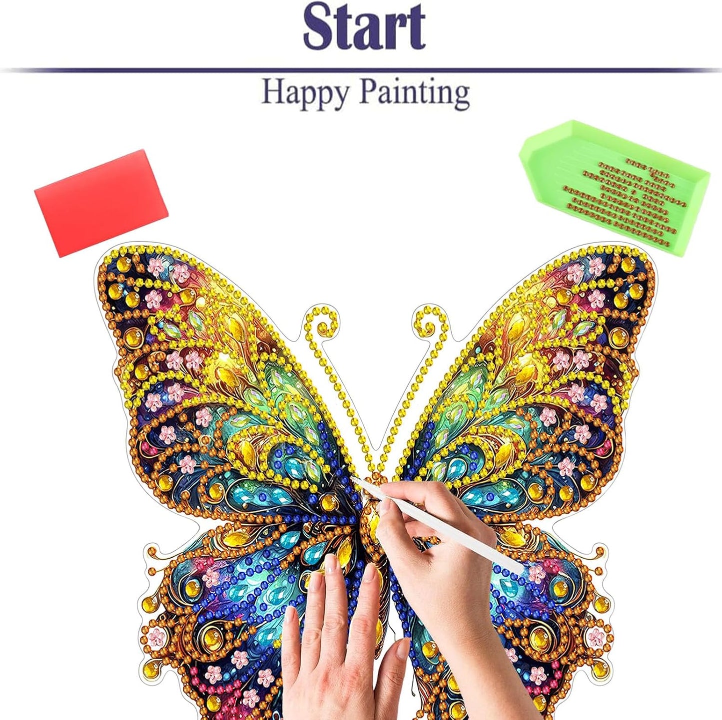 Diamond Painting Kits for Adults Beginners, 5D Full Drill Flowers and Butterfly Crystal Art Desktop Ornament, DIY Single Sided Home Office Desk Decor, Creative Craft Gift Set with Tools