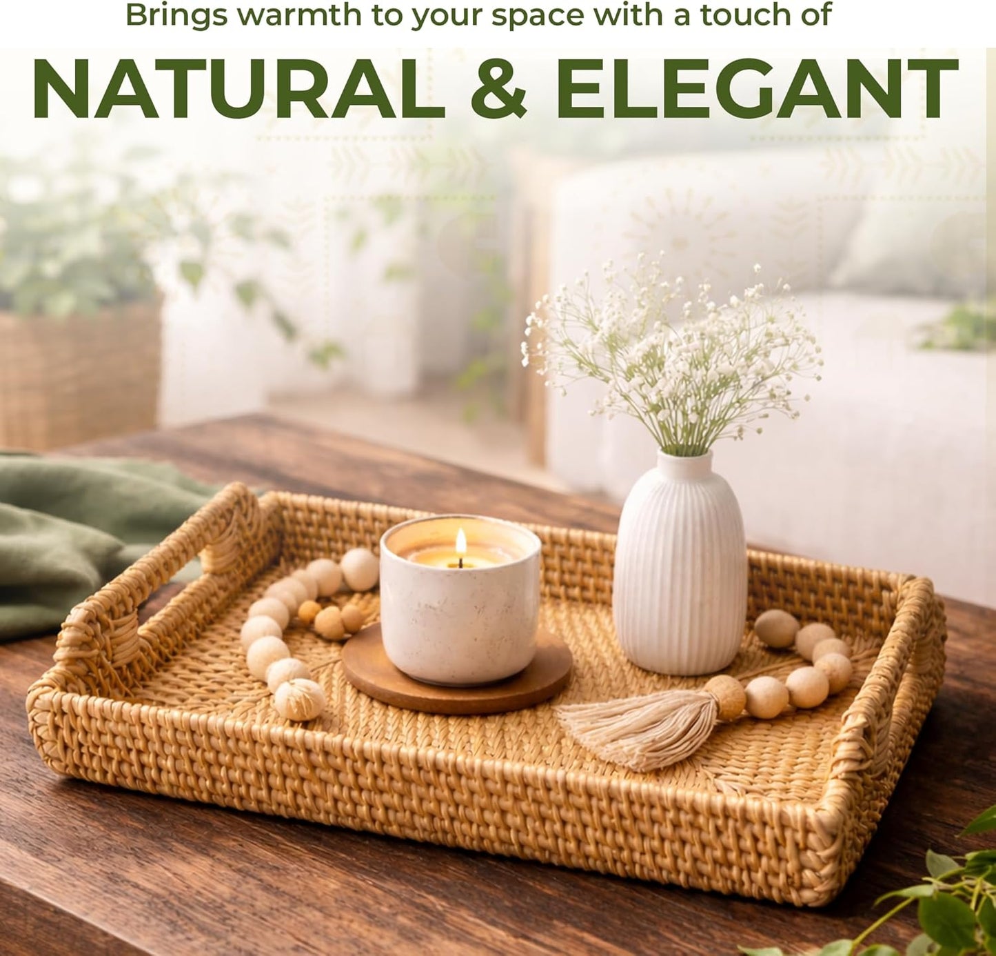 Rattan Serving Tray with Handles (11.4 x 16.9 x 2 in) ā Handwoven Wicker Tray for Coffee Table, Breakfast, Ottoman & Home Decor, Natural Woven Tray