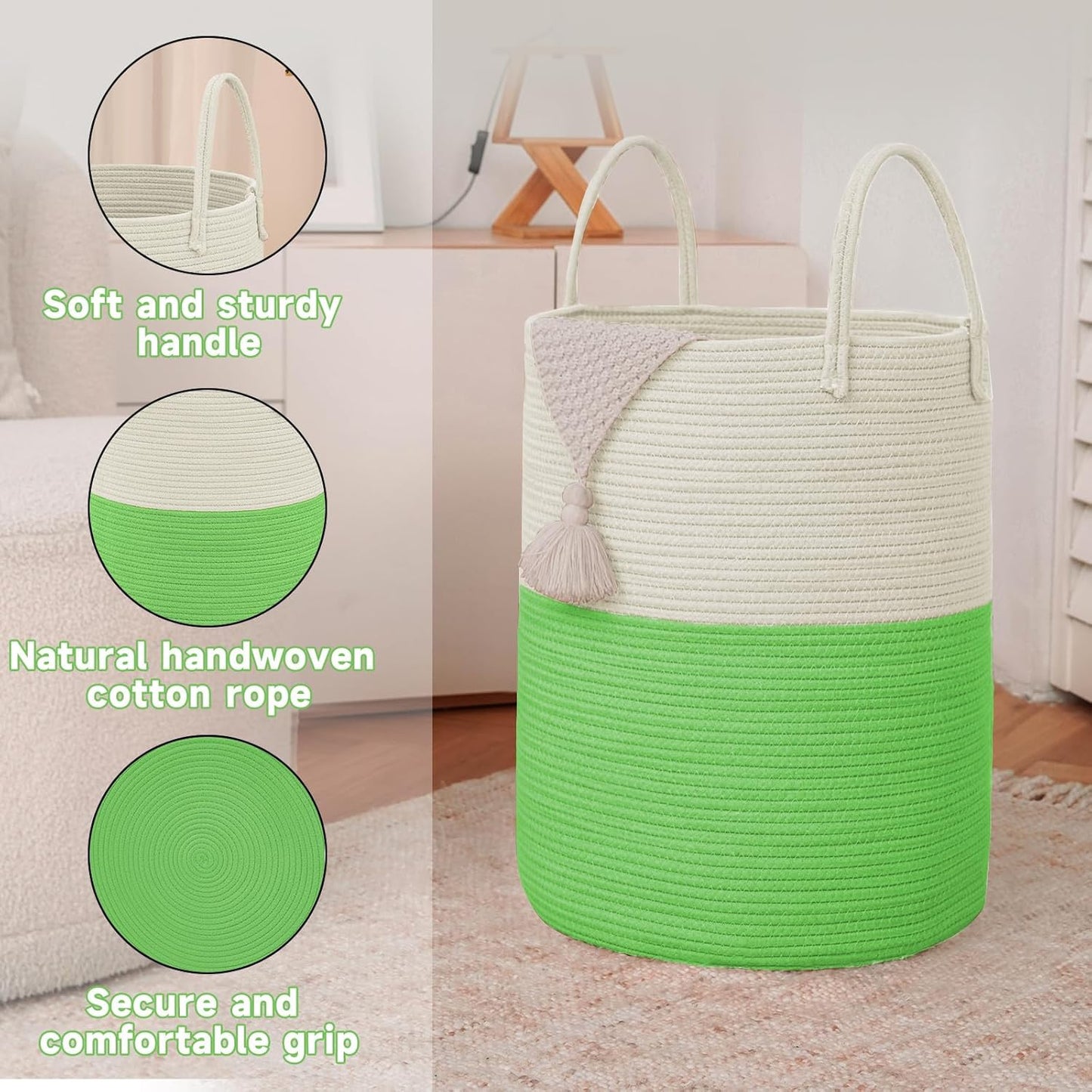 Large Woven Laundry Basket Hamper,80L Cotton Rope Storage Bin for Blankets,Toys and Clothes,Decorative Tall Nursery Hamper for Living Room,Baby Nursery,Bathroom and Bedroom,Light Green