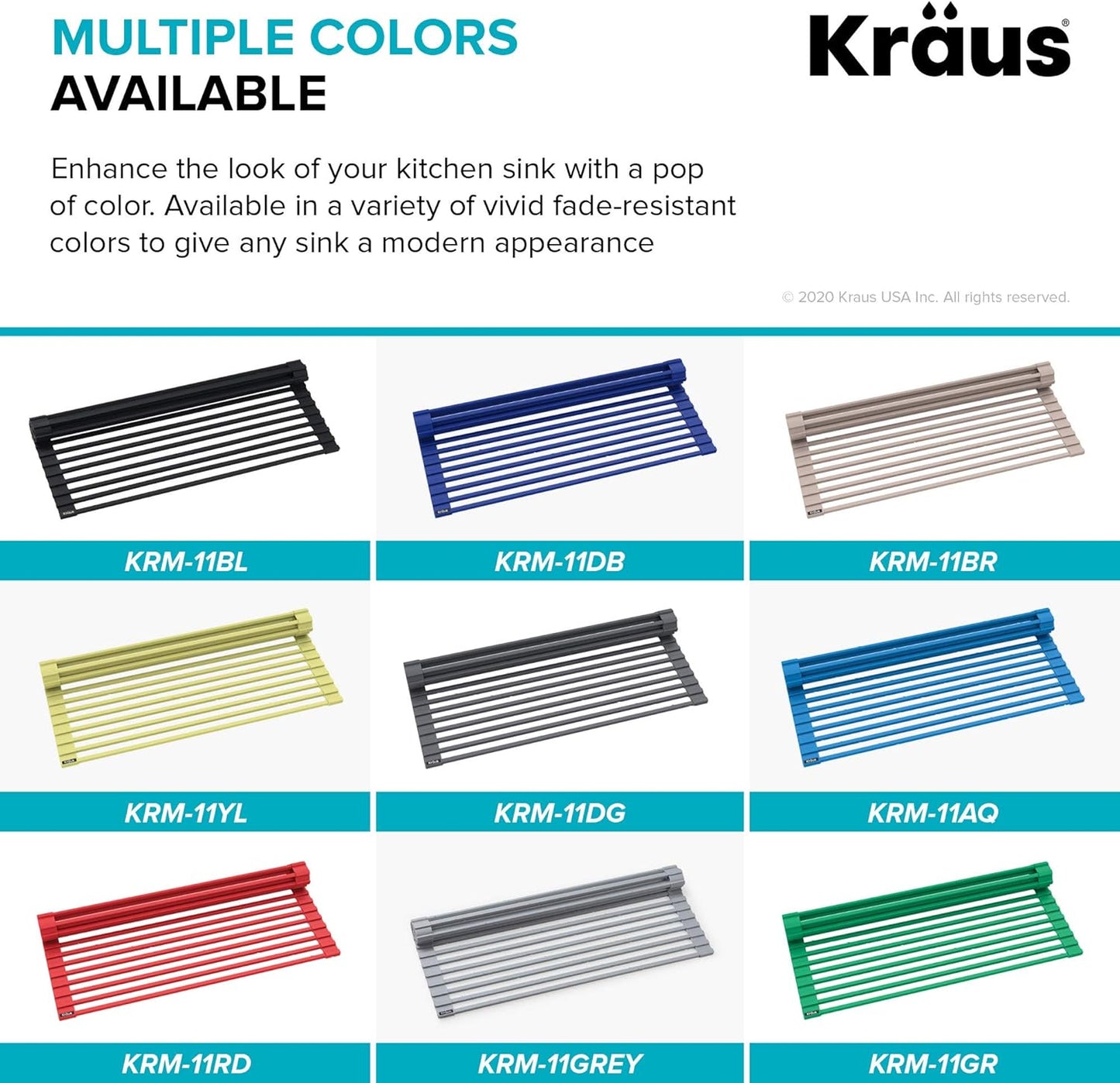 Kraus Multipurpose Workstation Sink Roll-Up Dish Drying Rack, Colander and Trivet in Green, KRM-11GR