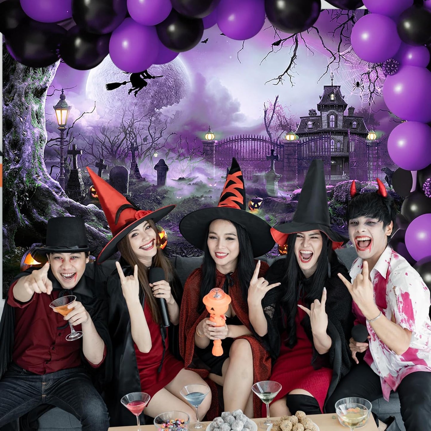 Avezano Halloween Photography Backdrop Full Moon Scary Night Castle Pumpkins Party Background Spooky Witch Bats Cemetery Child Kids Halloween Party Decorations Photoshoot Backdrops (7x5ft, Purple)