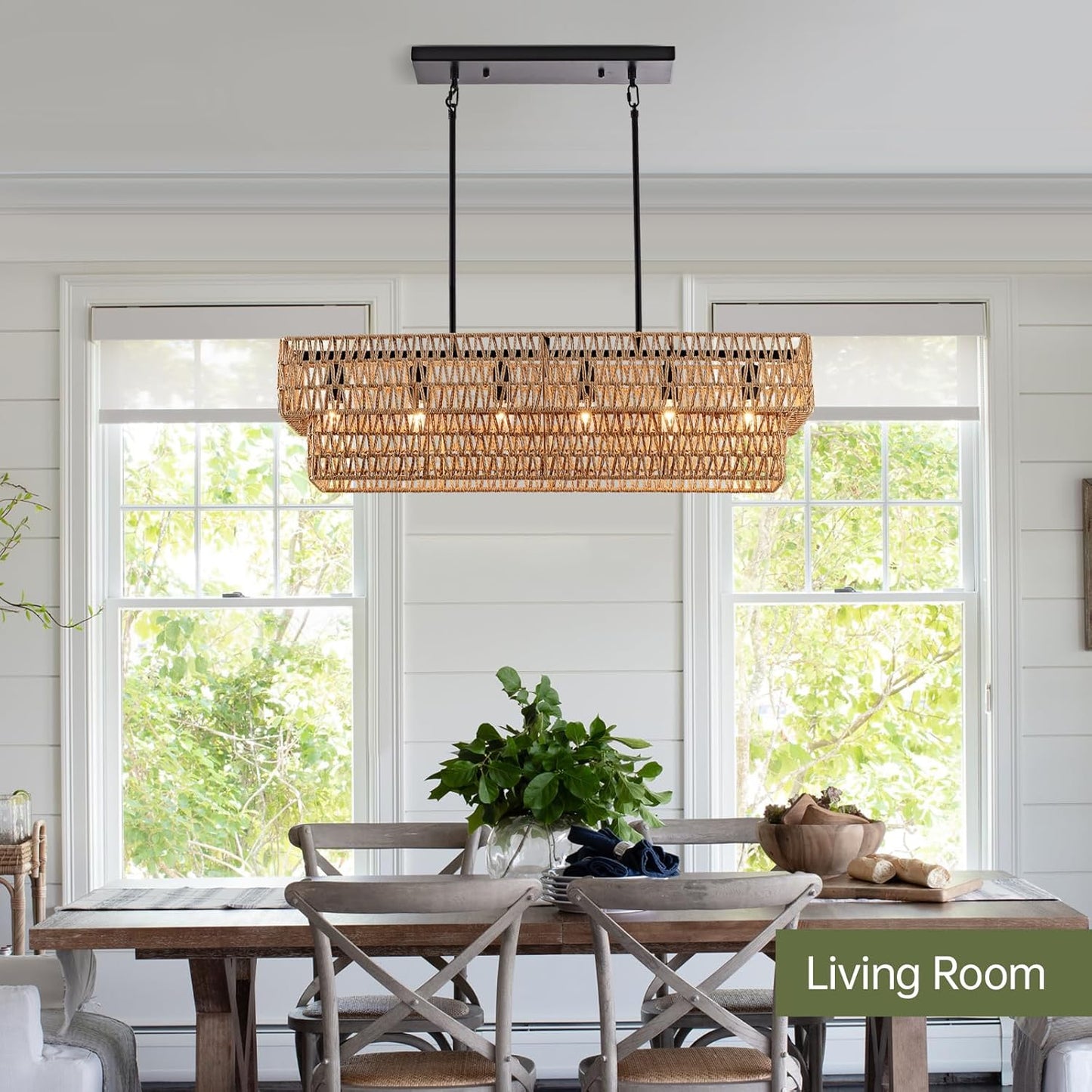 6-Light Boho Rattan Chandeliers for Dining Room, 2 Layer Large Linear Chandelier Rattan Pendant Light Fixture Farmhouse 34” Rectangle Chandelier for Kitchen Island Bar Living Room