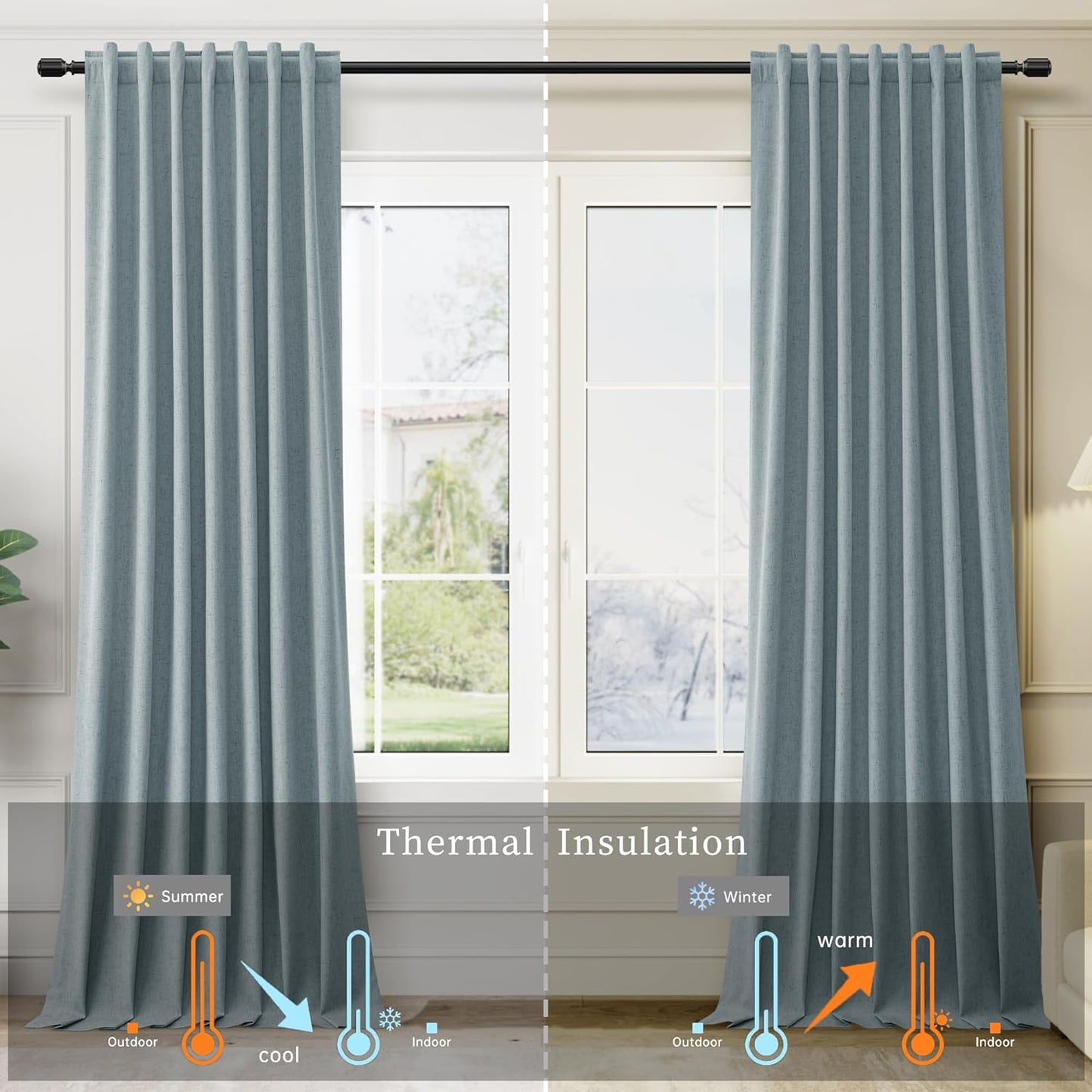 BOODII 108 Inch Black Out Curtains 2 Panels Set Back Tab Thermal Insulated Natural Linen Textured Blackout Curtains Noise Reducing Stone Blue Neutral Living Room Darkening Window Drapes 52x108