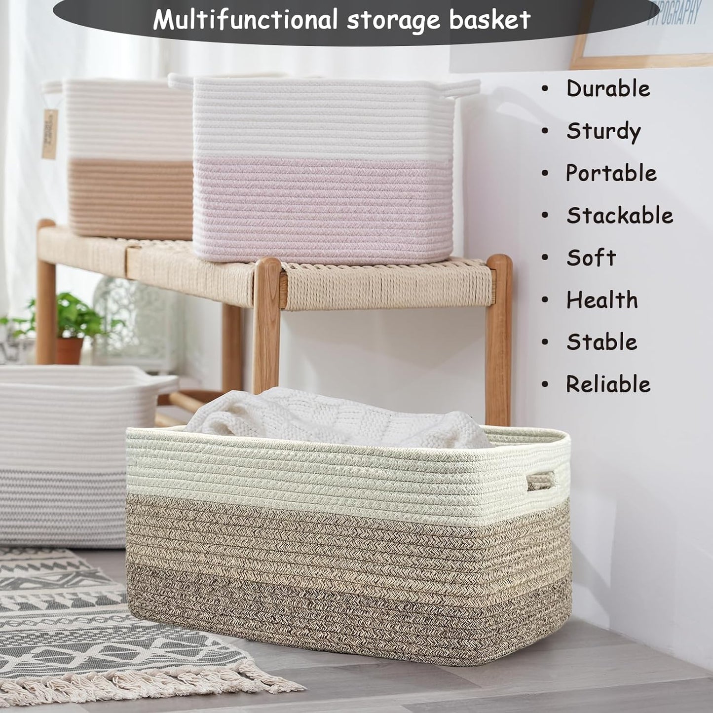 COMFY-HOMI Cotton Rope Woven Basket with Handles for Shelves,Toys,Book, Cloth Storage Baskets for Organizing-17" x 13" x 7.5" Toy Decorative Organizer for Living Room, Bathroom (white/3 brown)