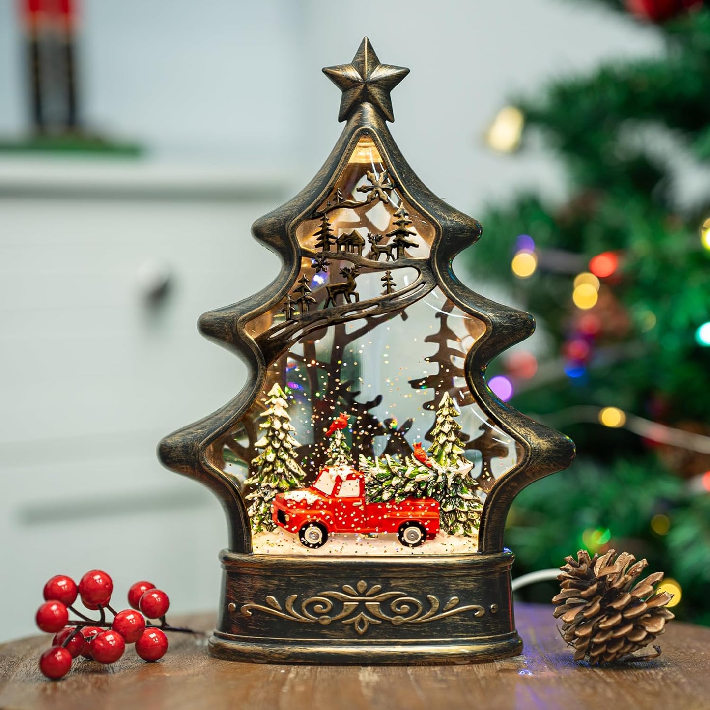 Christmas Snow Globe Lantern Water Glittering Christmas Tree with Red Truck, USB Lined and Battery Operated Lighted Lantern for Christmas Festival Decoration Gifts