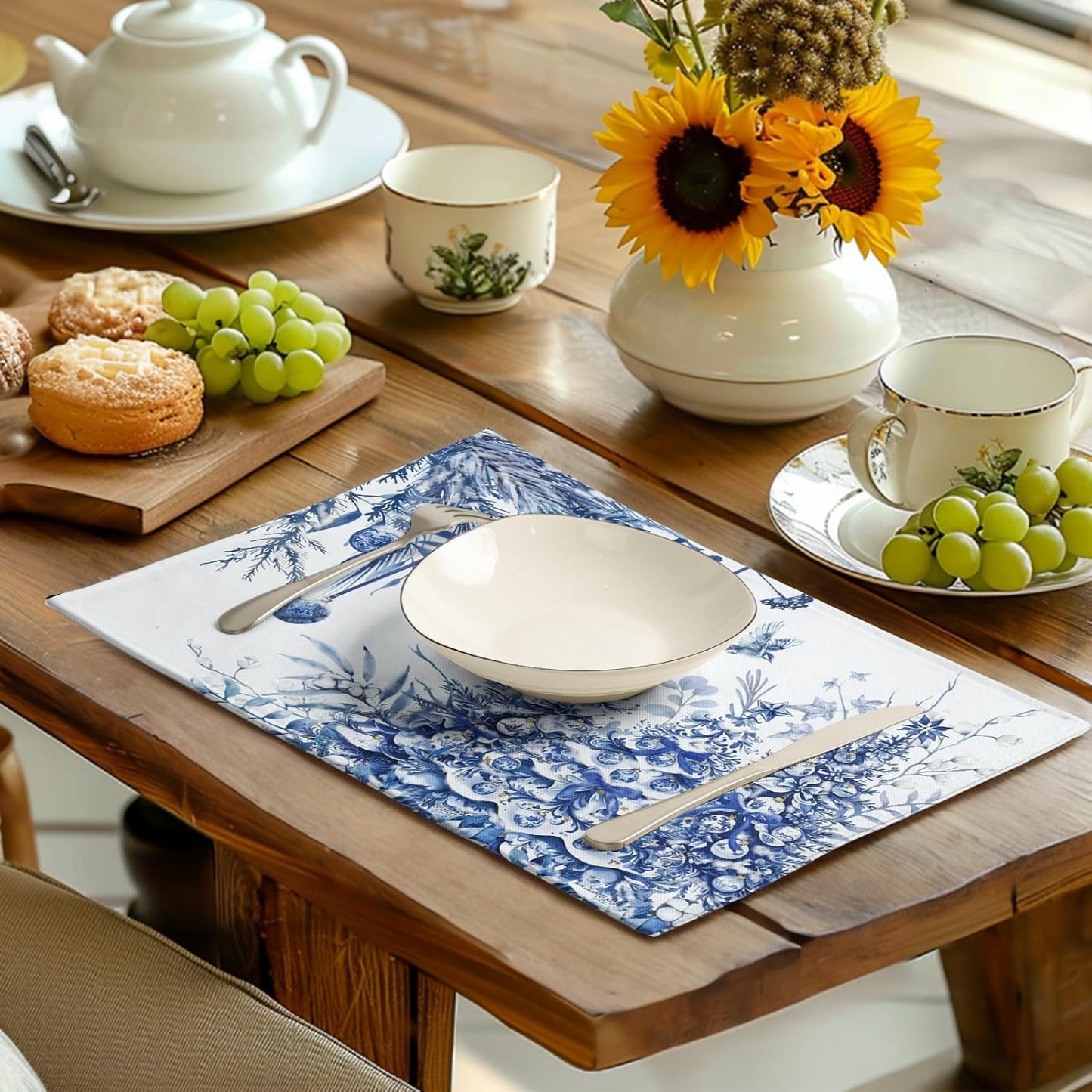 Blue and White Christmas Tree Placemats Set of 4, 12x18 Inch Chinoiserie Xmas Place Mats Winter Holiday Washable Linen Table Mats for Party Kitchen Dining Outdoor Indoor Decor