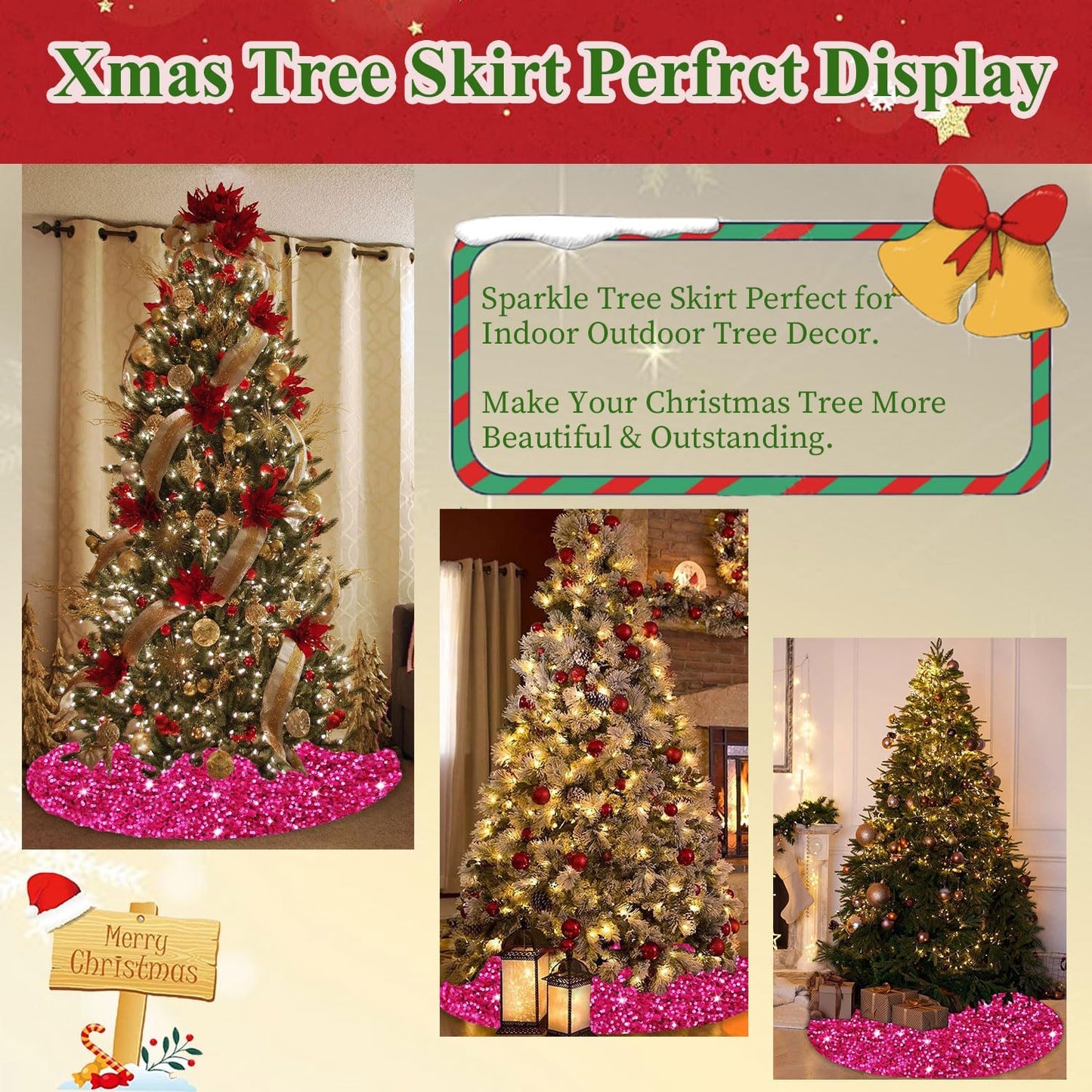 MODFUNS Glitter Tree Skirt 36 Inch Velvet Xmas Tree Skirts Hot Pink Sequin Christmas Tree Skirt Thick Sparkly Tree Skirting Cover for Xmas Tree Skirts Merry Christmas Home Glittering Tree Mat