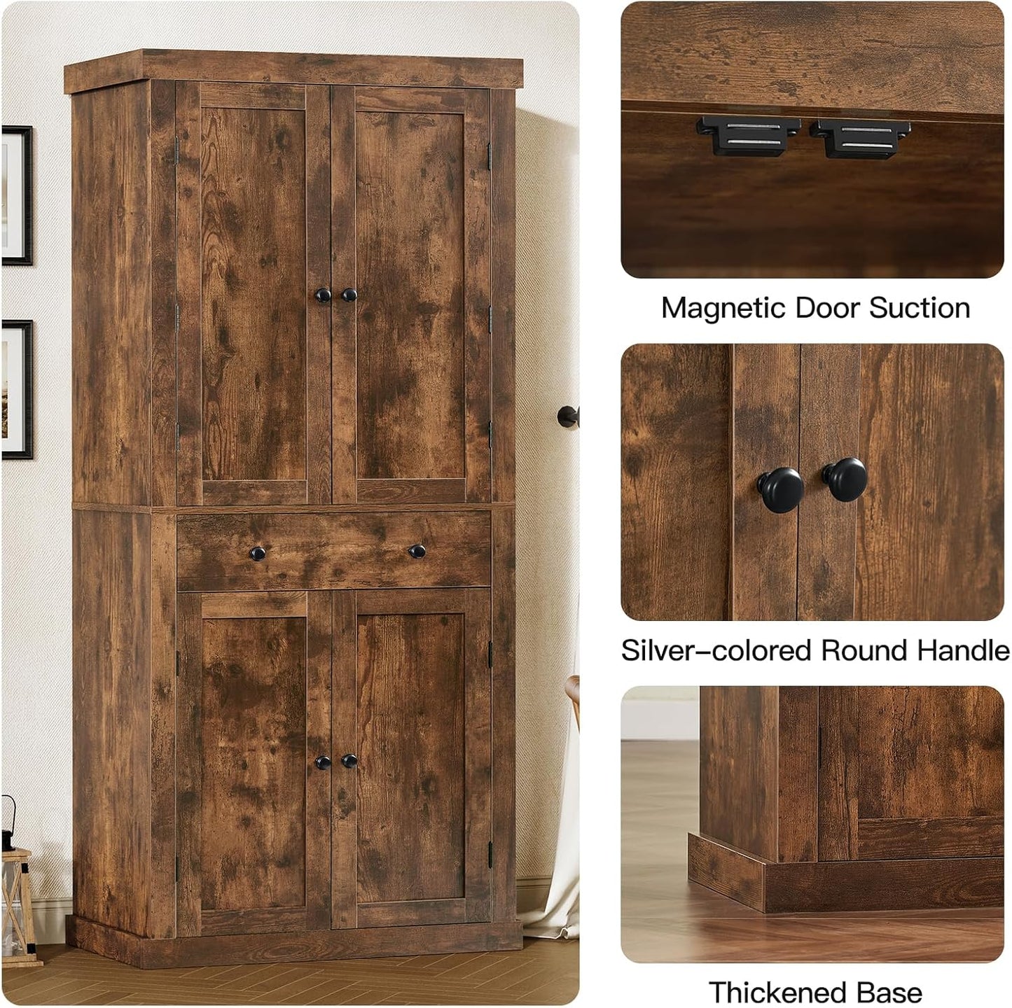 usikey 72” Kitchen Pantry Cabinet, Tall Storage Cabinet with 4 Doors and 1 Drawer, Freestanding Cupboard with 6 Hanging Shelves and Adjustable Shelves for Kitchen, Living Room, Rustic Brown