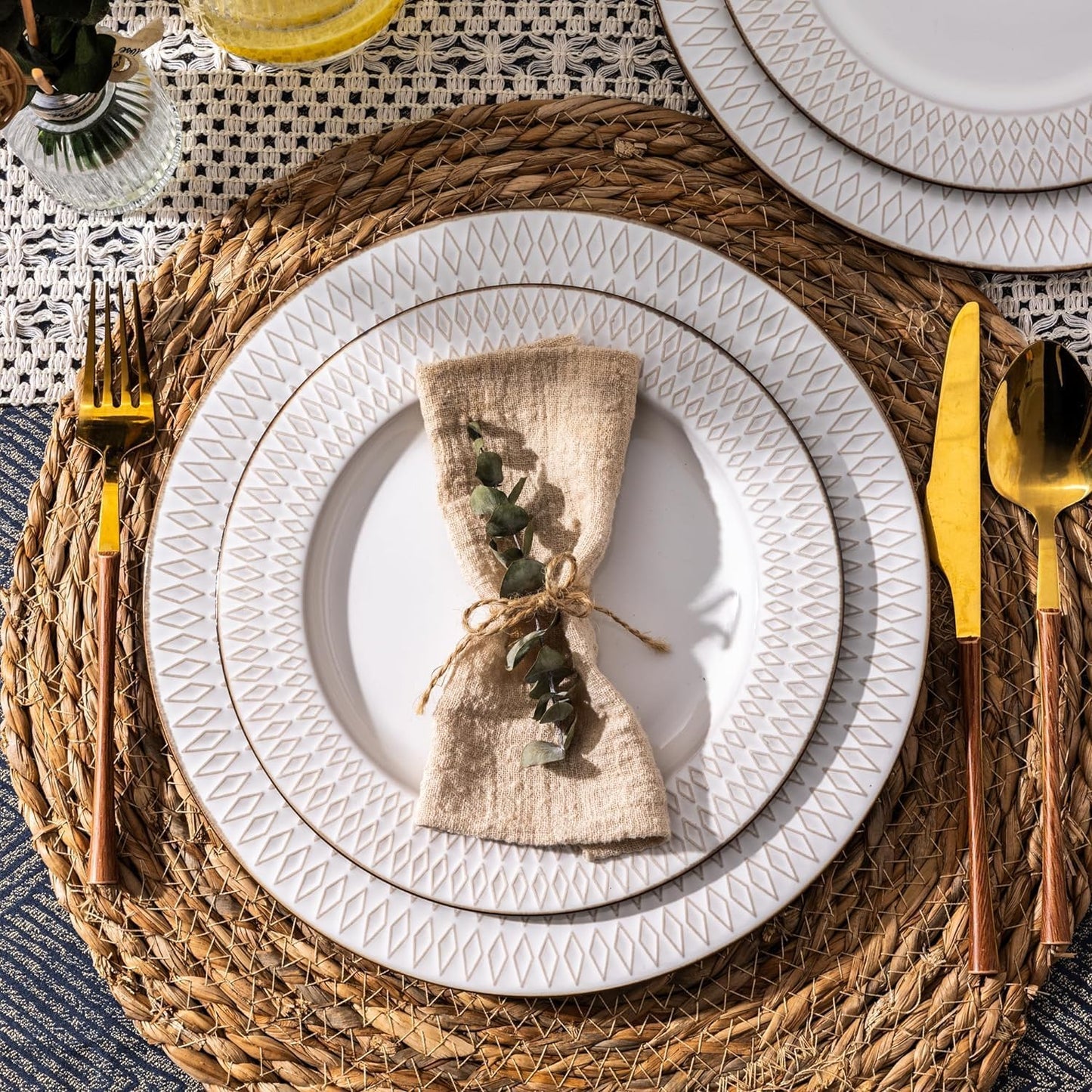 GBHOME Ceramic Dinnerware Sets,18 pcs Embossed Elegant Stoneware Plates and Bowls Sets, Housewarming Wedding Gift | Dishwasher & Microwave Safe | Dishes Set Service for 6