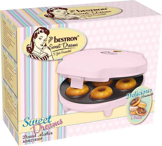 Bestron Retro Design Donut Maker, Mini Donut Maker for 7 Small Donuts, Includes Cooking Indicator & Non-Stick Coating, 700 Watts, Sweet Dreams Collection, Colour: Pink