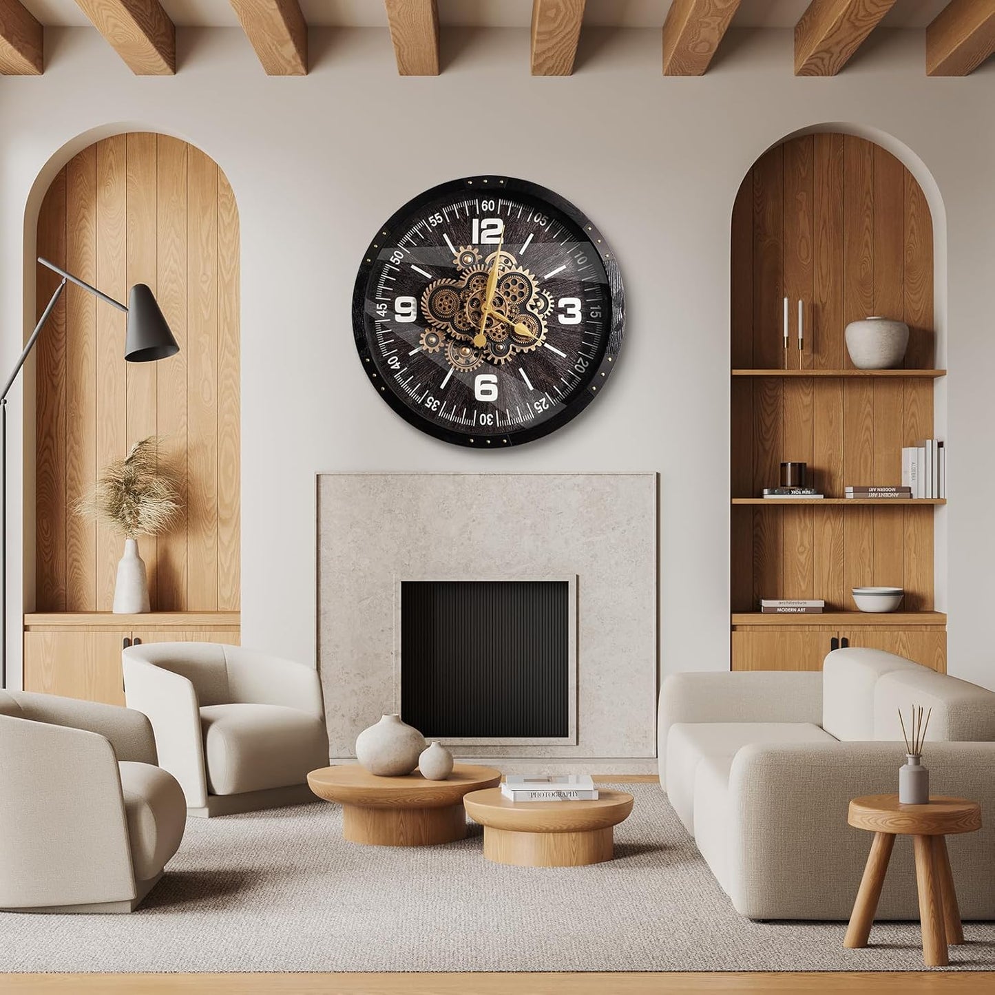 Wall Clocks for Living Room Decor, Large Real Moving Gears Clock, Vintage Industrial Oversized Rustic Farmhouse Kitchen Office Fireplace Wall Decor (Grey Black, 27 inch)
