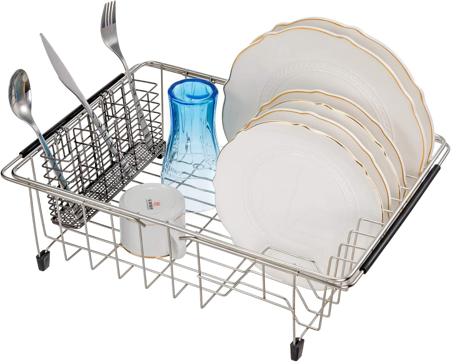 Slideep Cutlery Utensil Silverware Drying Rack, Flatware Storage Solution Basket with Hooks for Kitchen Dish Drainer Dish Drying Rack, Rust Proof Nickel
