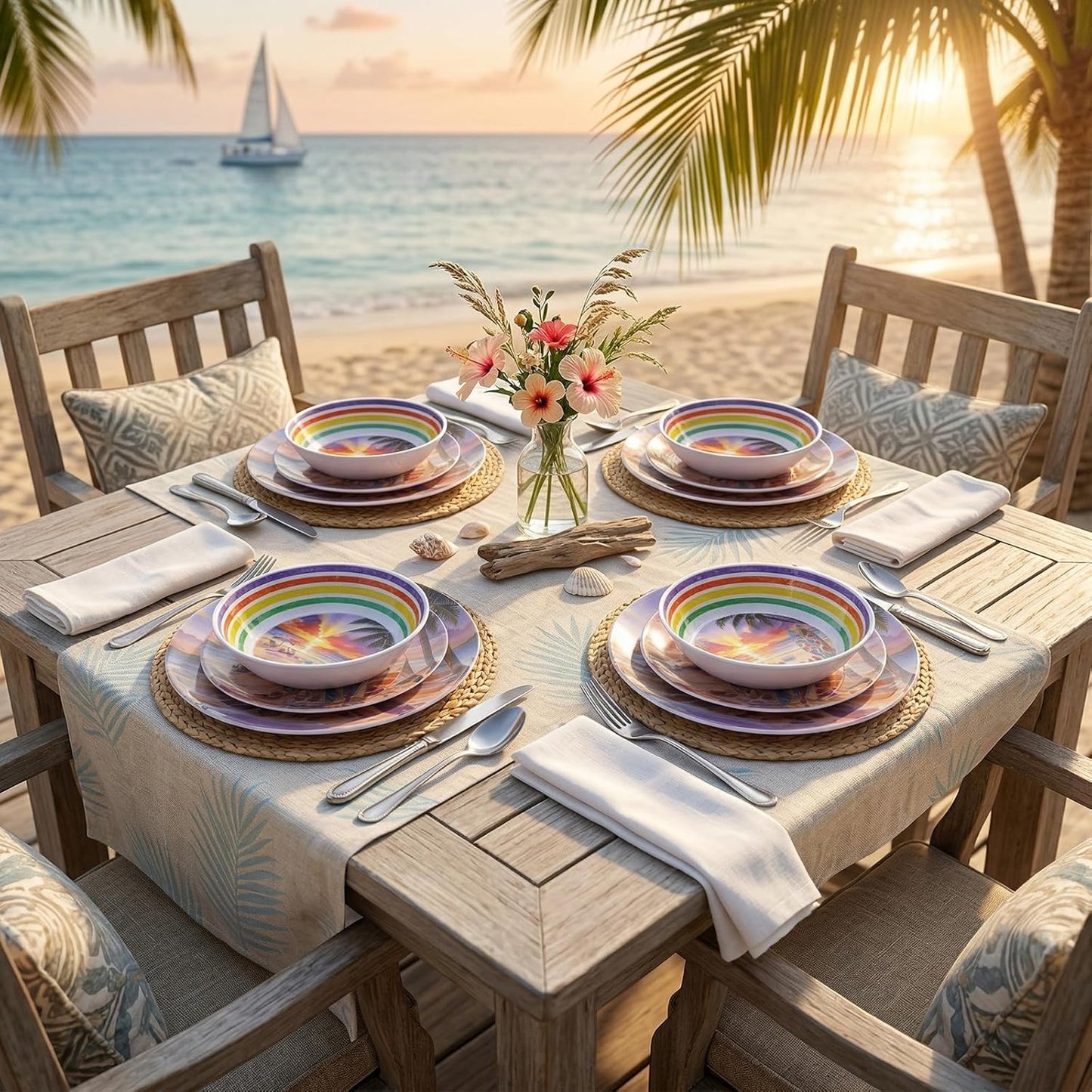 12 Piece Melamine Plates and Bowls Set - Beach Sunset Melamine Dinnerware Set for 4,Unbreakable Dishes Set,Stackable Lightweight Plates & Bowls for Indoor & Outdoor Use,Tropical Sunset