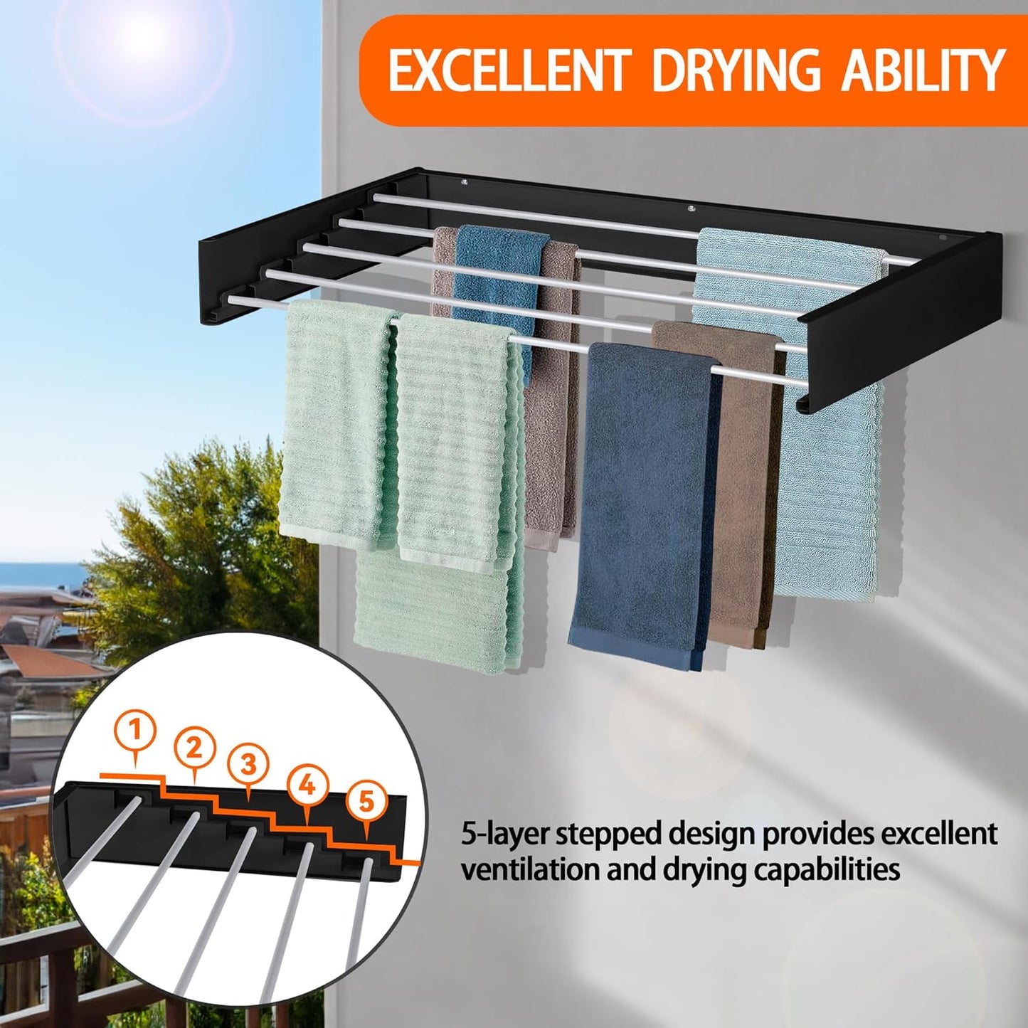 FOCHIER F Laundry Drying Rack Wall Mounted Clothes Drying Rack Collapsible with 5 Aluminum Rods and Drilling Template Long Screwdriver Bit 60 lbs Capacity (Black, 40") - Lumora Casa