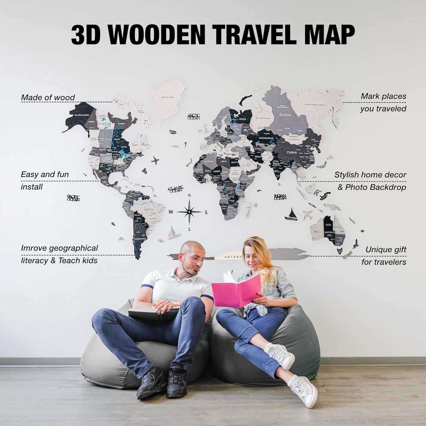 Handmade 3D Wood World Map Wall Art Large Wall Decor Track Your World Travels - Special For Home, Kitchen And Office (Nordik, Medium)