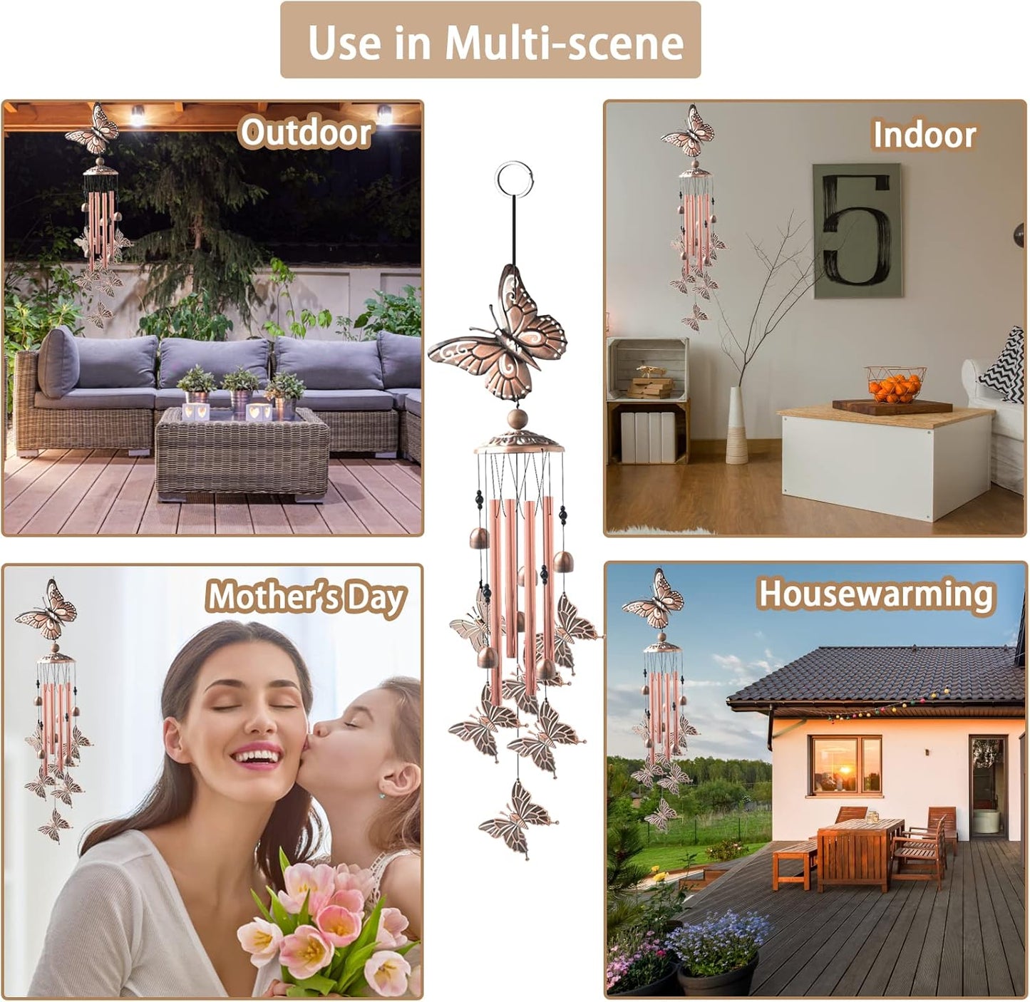 Wind Chimes for Outside, 33" Butterfly Wind Chimes Outdoor, Birthday Gifts for Women Mom Sister, Gift for Garden Porch Patio Home Decor (Golden)