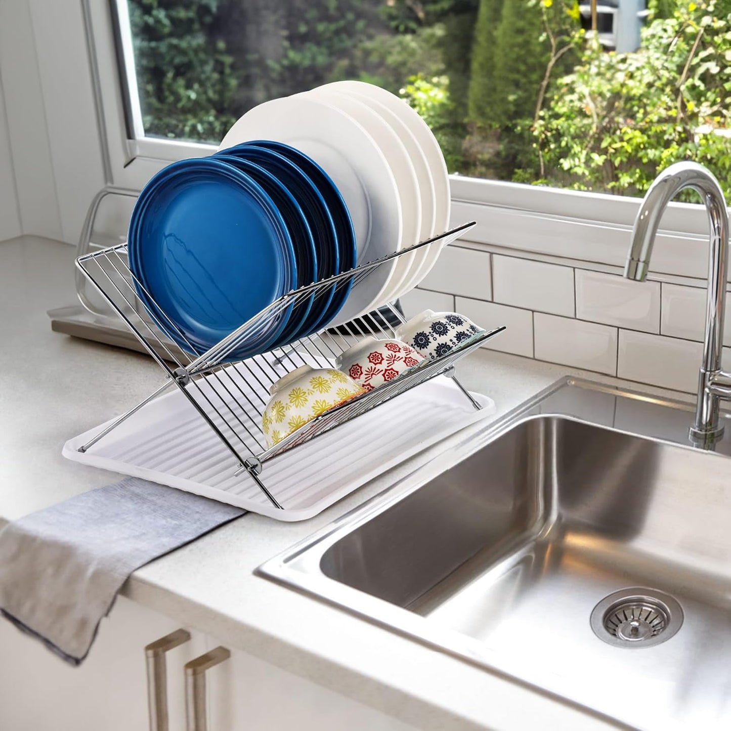 Youeon Foldable Dish Drying Rack with Drip Tray, Stainless Steel 2 Tier Dish Drainer Rack, Collapsible Dish Drainer, Folding Dish Rack for Kitchen Sink, Countertop, Cutlery, Plates, Dishes