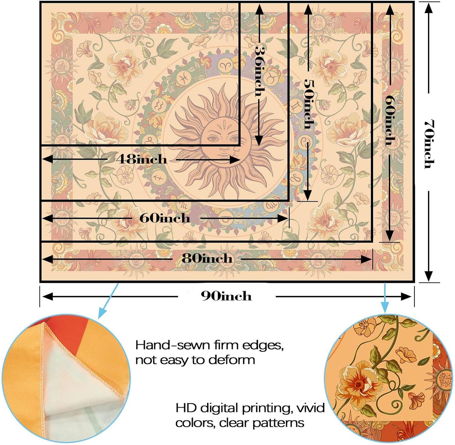 Aipon Yellow Sun and Moon Tapestry Indie Tapestries Boho Orange Flower Floral Tapestry Wall Hanging Cool Vintage Aesthetic Wall Tapestry for Bedroom Living Room Dorm (90.6'' × 70.8'', Orange)