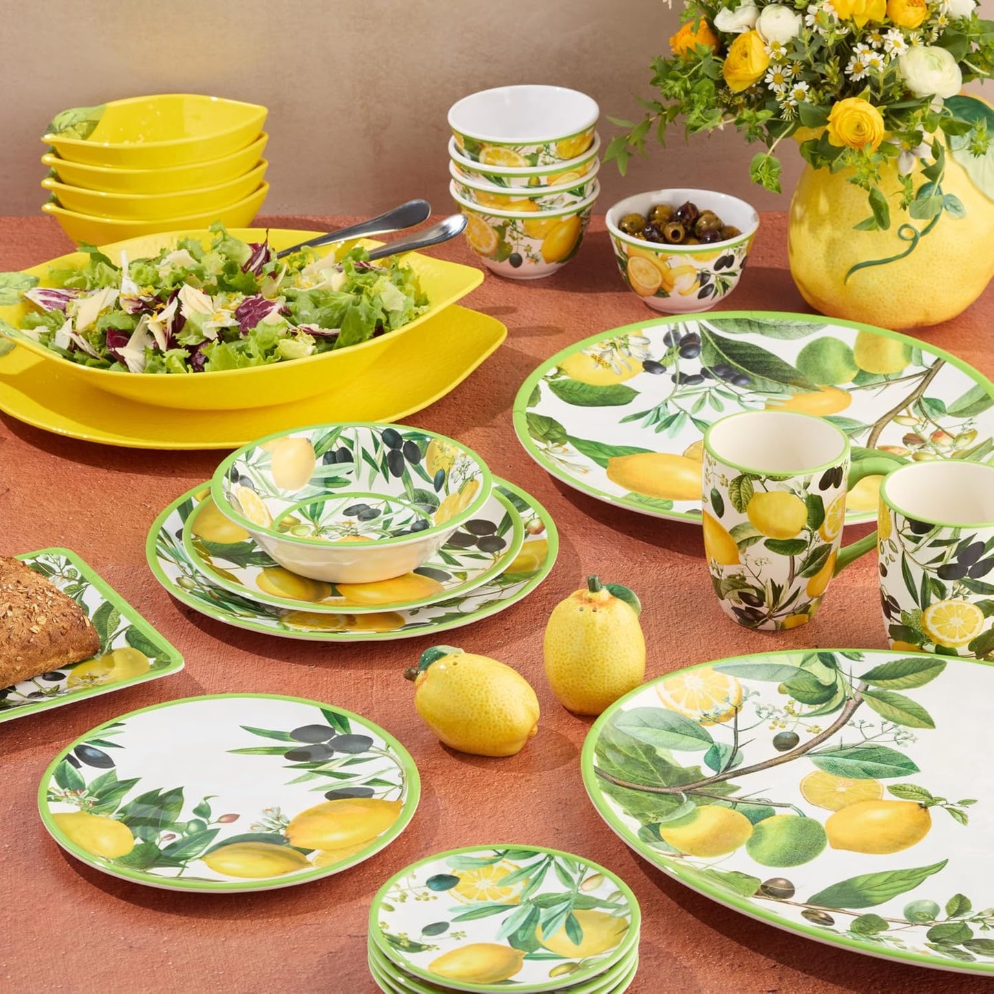 Limone 12-Piece Melamine Dinnerware Set - Citrus-Inspired, Service for 4, Durable, Shatterproof, Dishwasher-Safe Plates and Bowls for Everyday Dining, Outdoor Use, and Entertaining