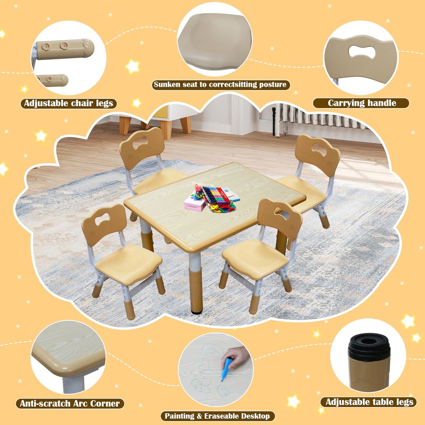 Kids Table and 4 Chairs Set with Graffiti Desktop, Toddler Furniture Set, Non-Slip, Table Children Study Desk, Dining Table, Height Adjustable Desk, Painting Desktop for Kids (31.5x23.6Inch)