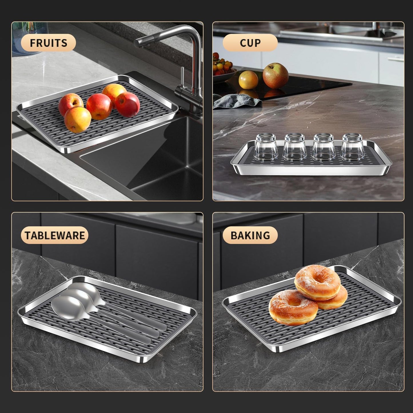 Stainless Steel Drain Tray, Cup & Dish Drying Rack, Drain Board 2 Tier Non Slip Serving Tray with Drainboard Perfect for Sink, Coffee Table, Outdoor (12.5 x 9.8 x 0.98 in)