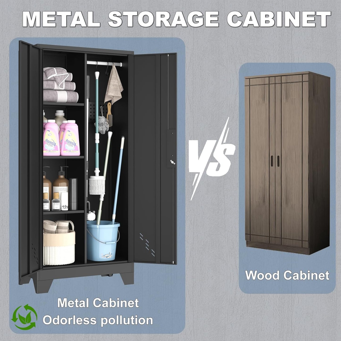 Metal Storage Cabinet with Locking Doors, 61" Tall Garage with Hanging Rod, Broom Closet, Freestanding Bathroom Storage Cabinet, Cleaning Tool,Black - Lumora Casa