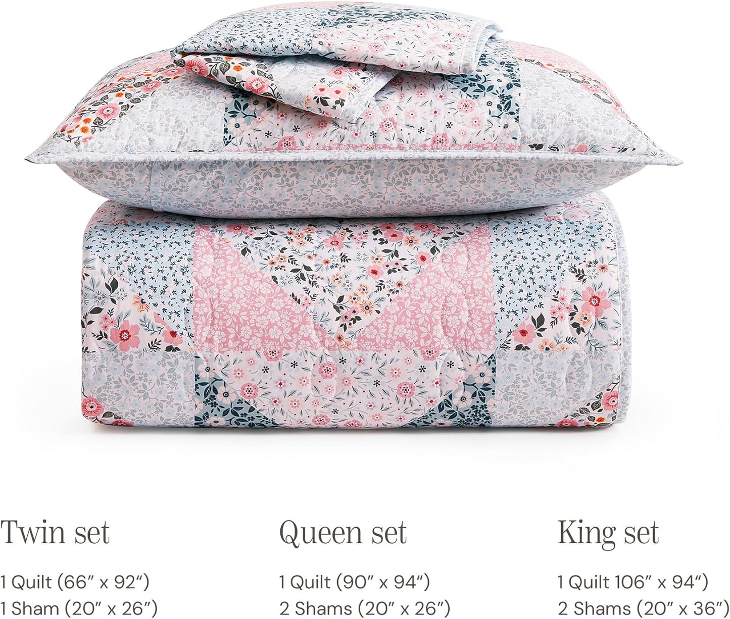 BLOOMHAVEN Quilt Set Queen Size, Patchwork Pink Floral Quilt Sets, Reversible Bedspread Lightweight and Breathable for All Seasons, Soft Quilted Bedspread with 2 Pillow Shams