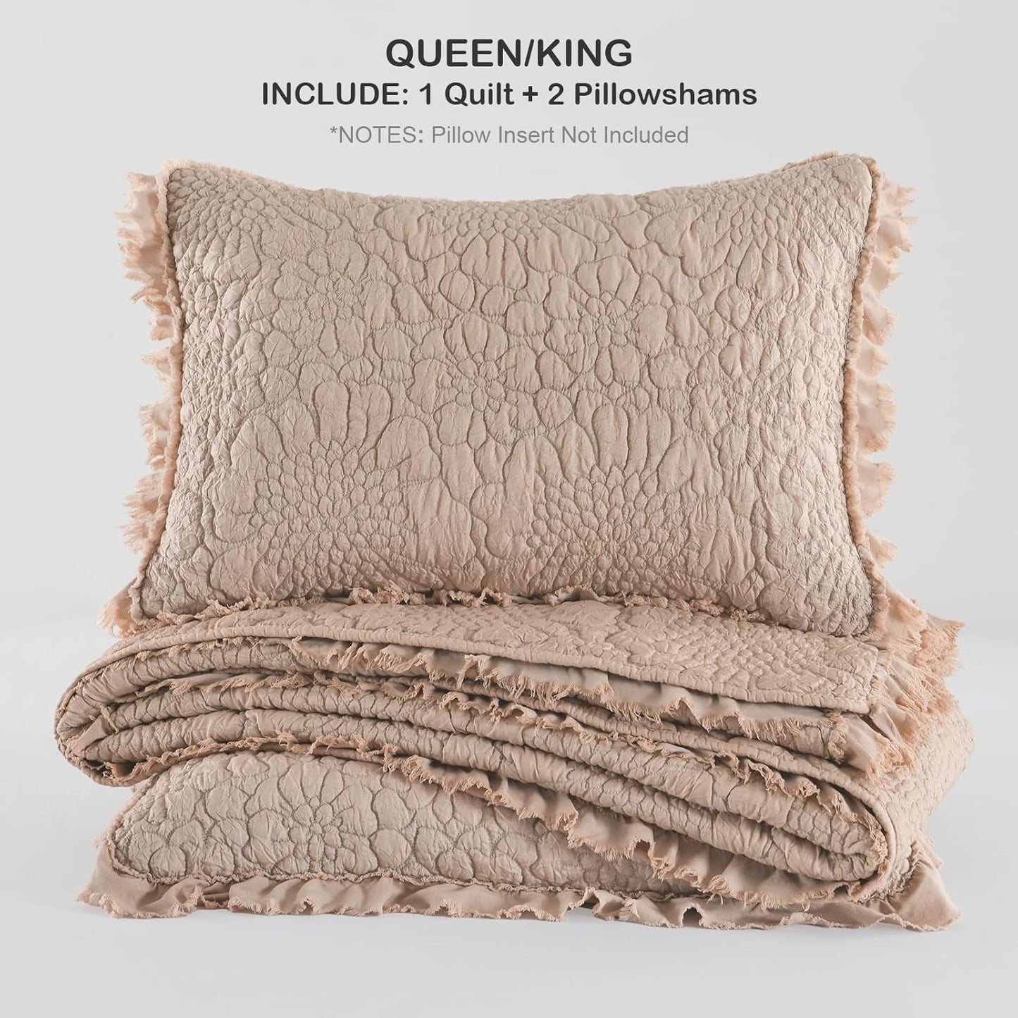 HORIMOTE HOME Pinkish Grey Ruffled Quilt Queen Size, Stone-Washed Lightweight Crinkled Farmhouse Rustic Shabby Chic Bedding Set, 3 Pieces Reversible Bedspread with Pillow Shams for All Season