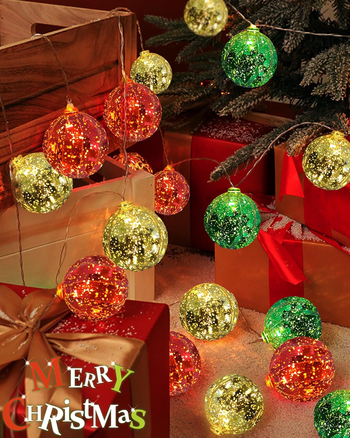 Christmas Tree Ball Ornament Lights 7FT Battery Operated Christmas Lights Indoor 10 LED Colored Ball Light with 8 Modes & Timer, Xmas Globe String Light for Bedroom Party Fireplace Porch Decor